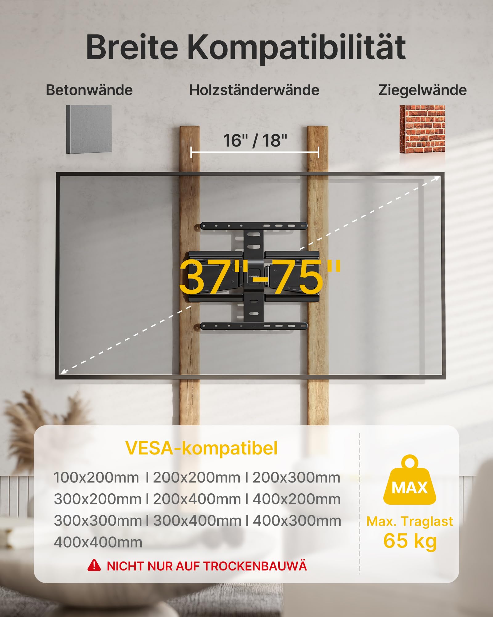 monTEK 0.77" Ultra Slim TV Wandhalterung für 37-75 Zoll Fernseher, Schwenk & Neige & Nivellier & Ausziehbare TV Halterung mit Gelenkigen Doppelarmen, MAX VESA 400x400 mm, bis zu 65 kg