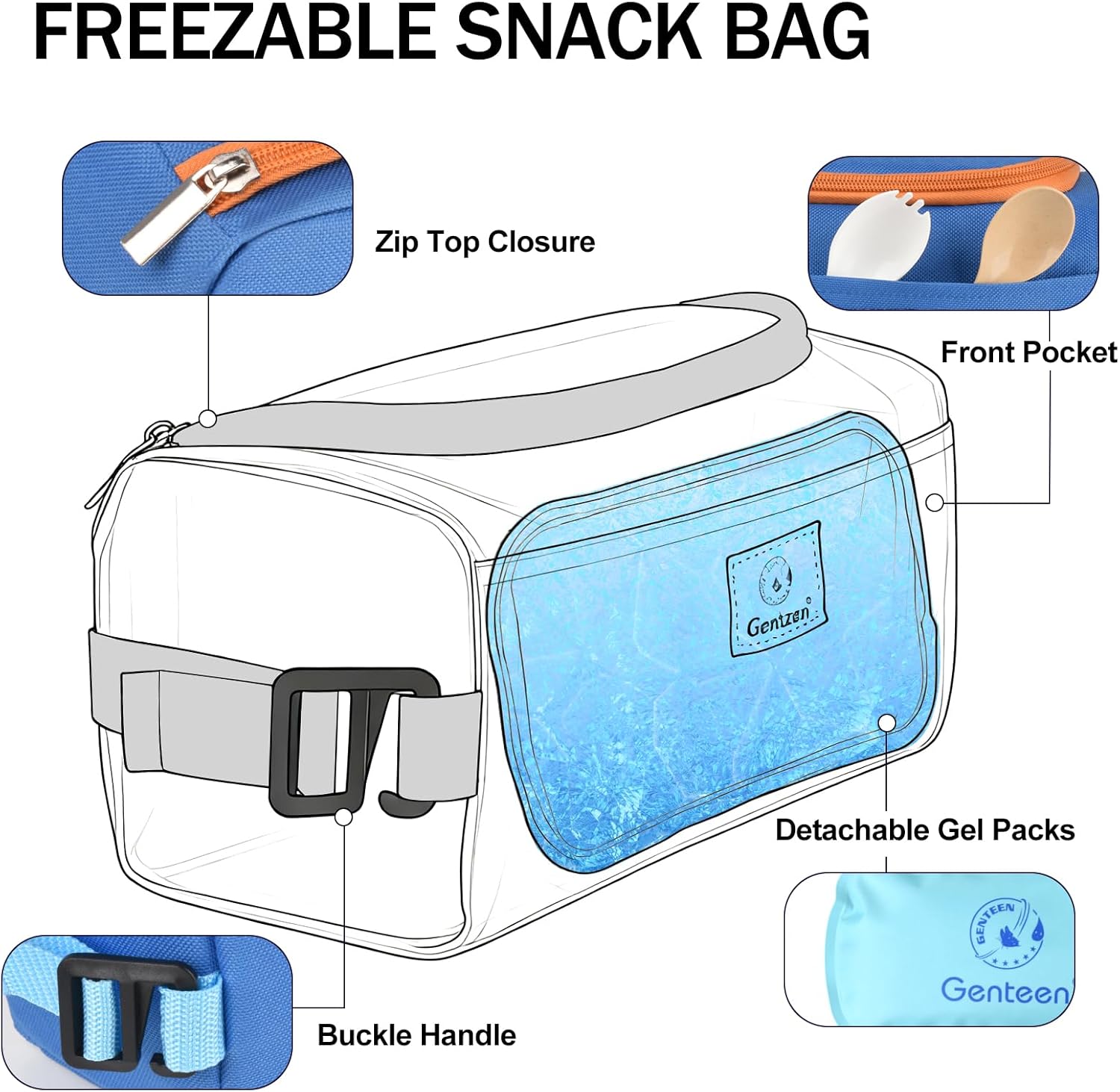 Genteen Lunch Bag Kids,Small Cooler Bag with Ice Packs,Freezable Lunch Bag/Snack Bag,Insulated Bag Reusable, with Zip Closure & Buckle Handle for Travel/School/Work,Blue - Image 2