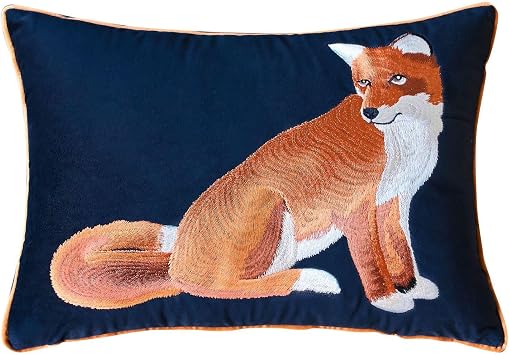 Luxury Embroidery Fox Throw Pillowcase Gold Embroidered Velvet Cloth Cushion Cover Decorative Fox Print Fox Pillow Case for Preppy Stuff Room 1PCS Navy Blue