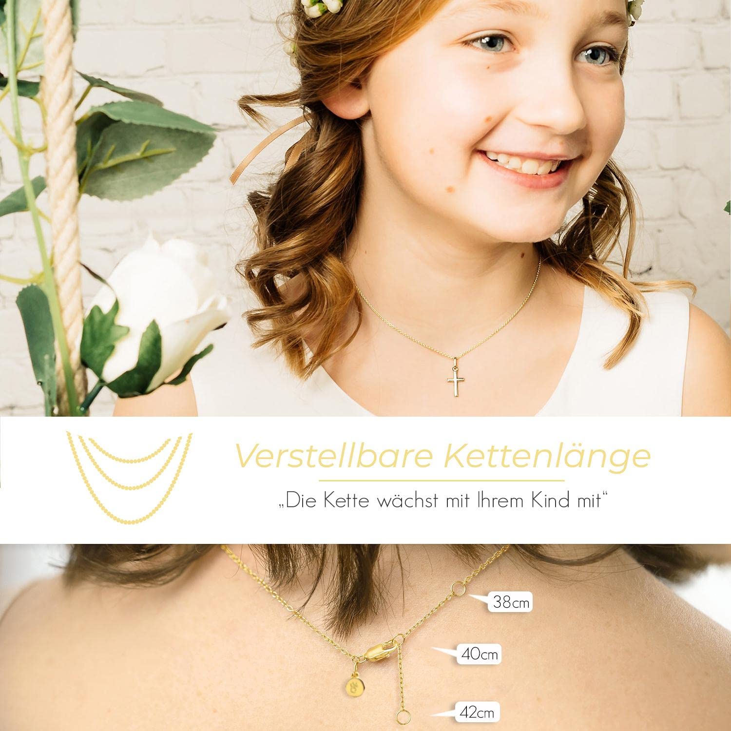 Kreuz Kette Taufkette Mädchen Junge Baby Gold (Silber 925 vergoldet) | Halskette mit Kreuzanhänger klein Kreuzkette Kinder, Schmuck Geschenk zur Geburt Taufe Kommunion Taufgeschenk Patenkind