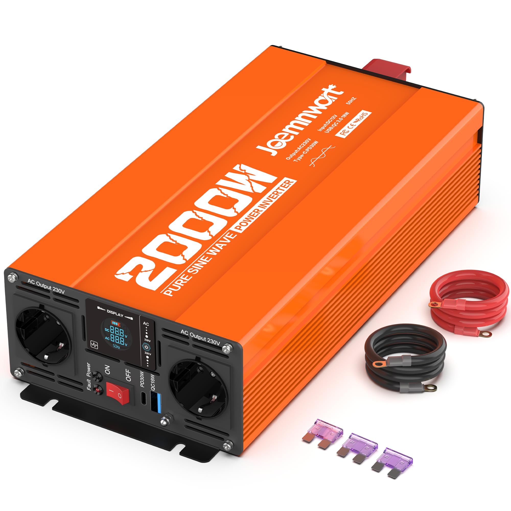Inverter a Sinusoide Pura da 2000W, 12V a 230V con Display LCD, Potenza di Picco 4000W, ideale per laptop, ventilatori e altro
