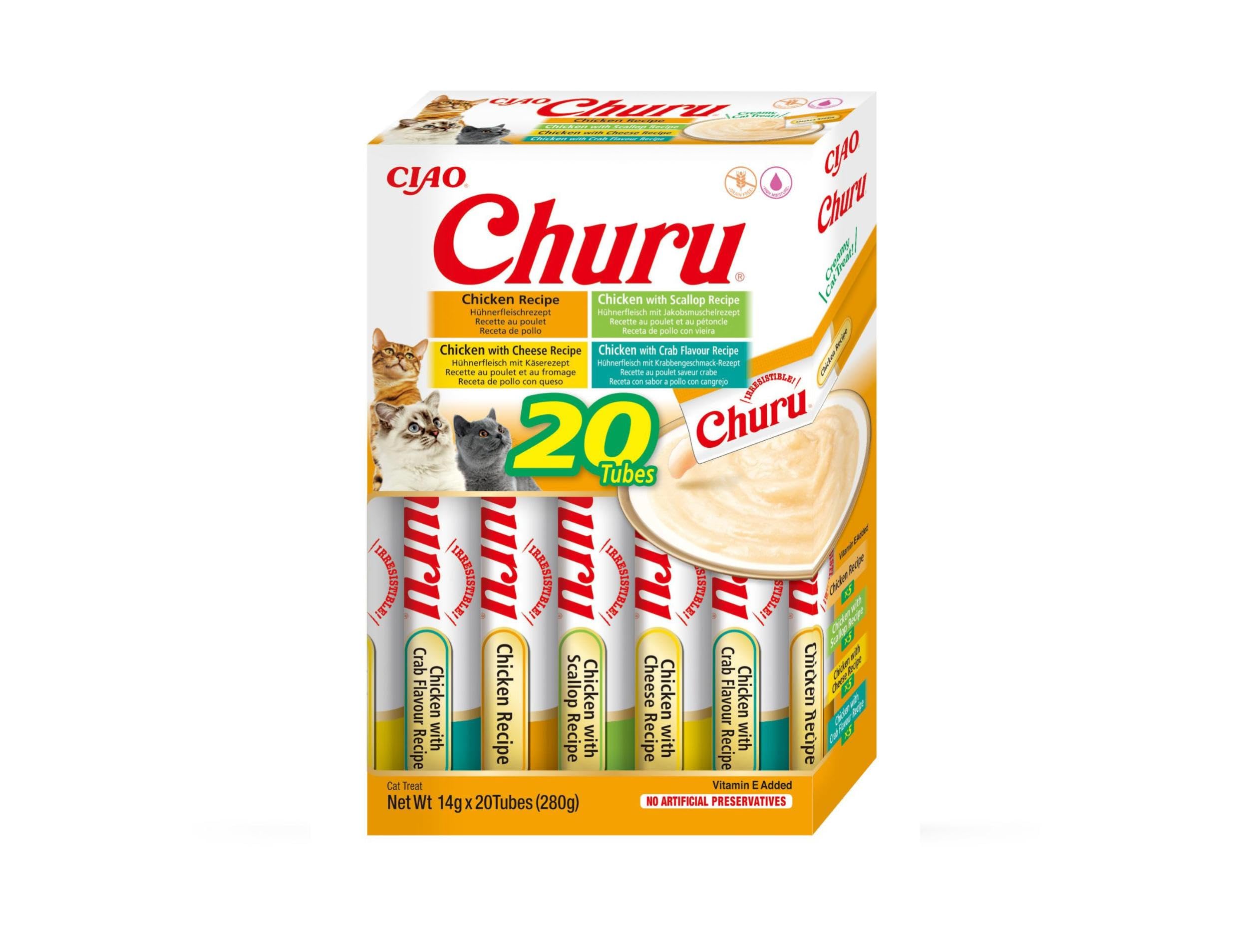 INABA Churu Katzen Leckerlies Einzelzutat mit Huhn, Getreidefrei, Zuckerfrei, Kalorienarm, 100% natürliches Fleisch, Creamy Leckerli Katze, Keine Nebenerzeugnisse Premium Cat Treats 20 x 14g