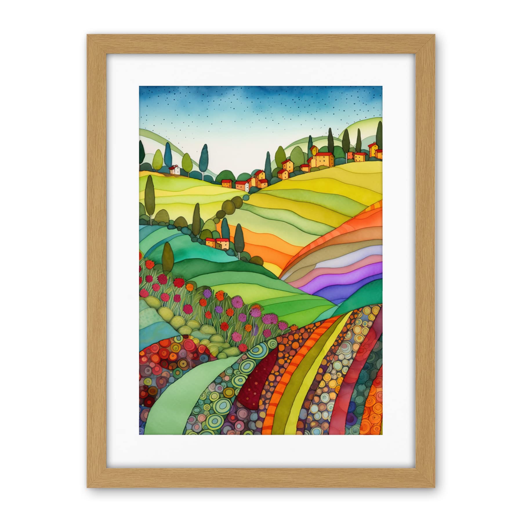 Artery8 Abstract Tuscany Hills Landscape Folk Art Artwork Framed Wall Art Print 18X24 Inch