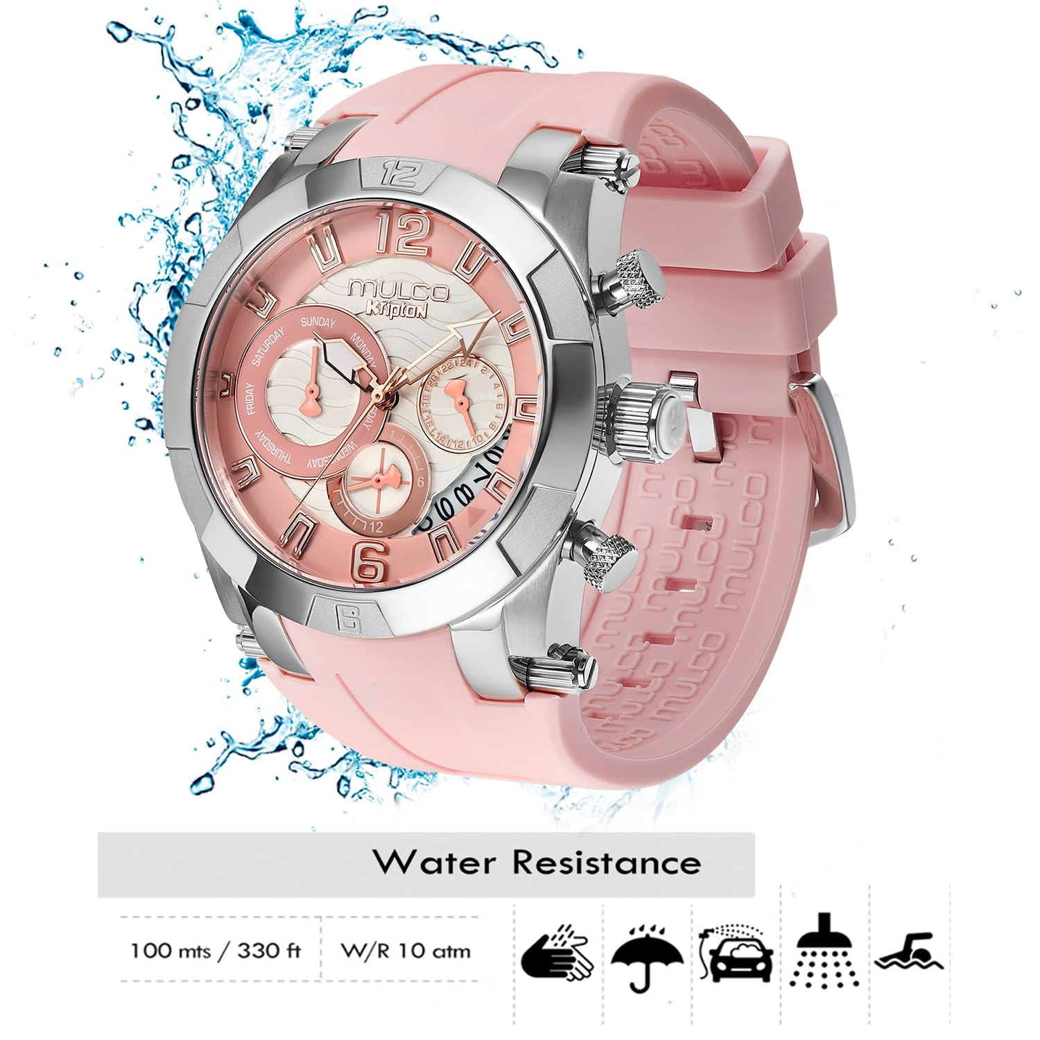 MULCO Reloj impermeable de lujo para mujer, acero inoxidable dorado rosa