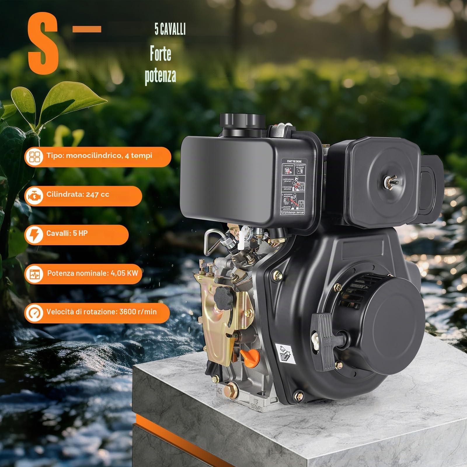 Motore diesel a 4 tempi, 5 CV, motore diesel di avviamento rapido, 4,05 kW, avviamento a fune raffreddato ad aria, albero da 20 mm, cilindrata da 247 cc, monocilindro, motore di avviamento leggero