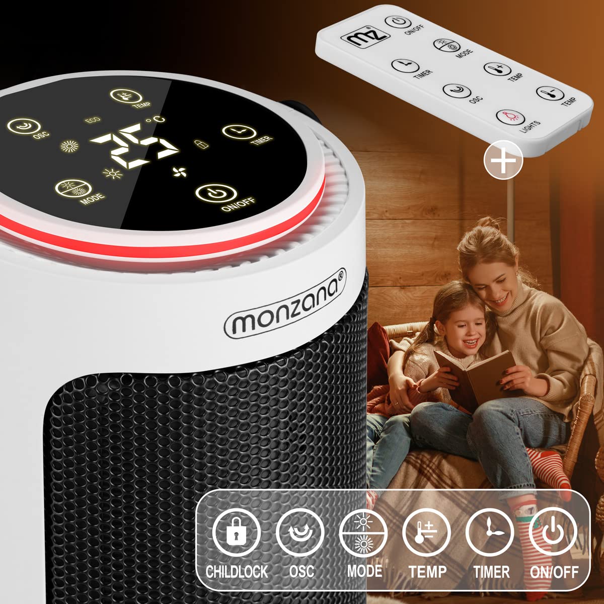 MONZANA Keramik Heizlüfter 2000W 4 Betriebsmodi 15-35°C Oszillation Timer Fernbedienung Elektroheizung weiss