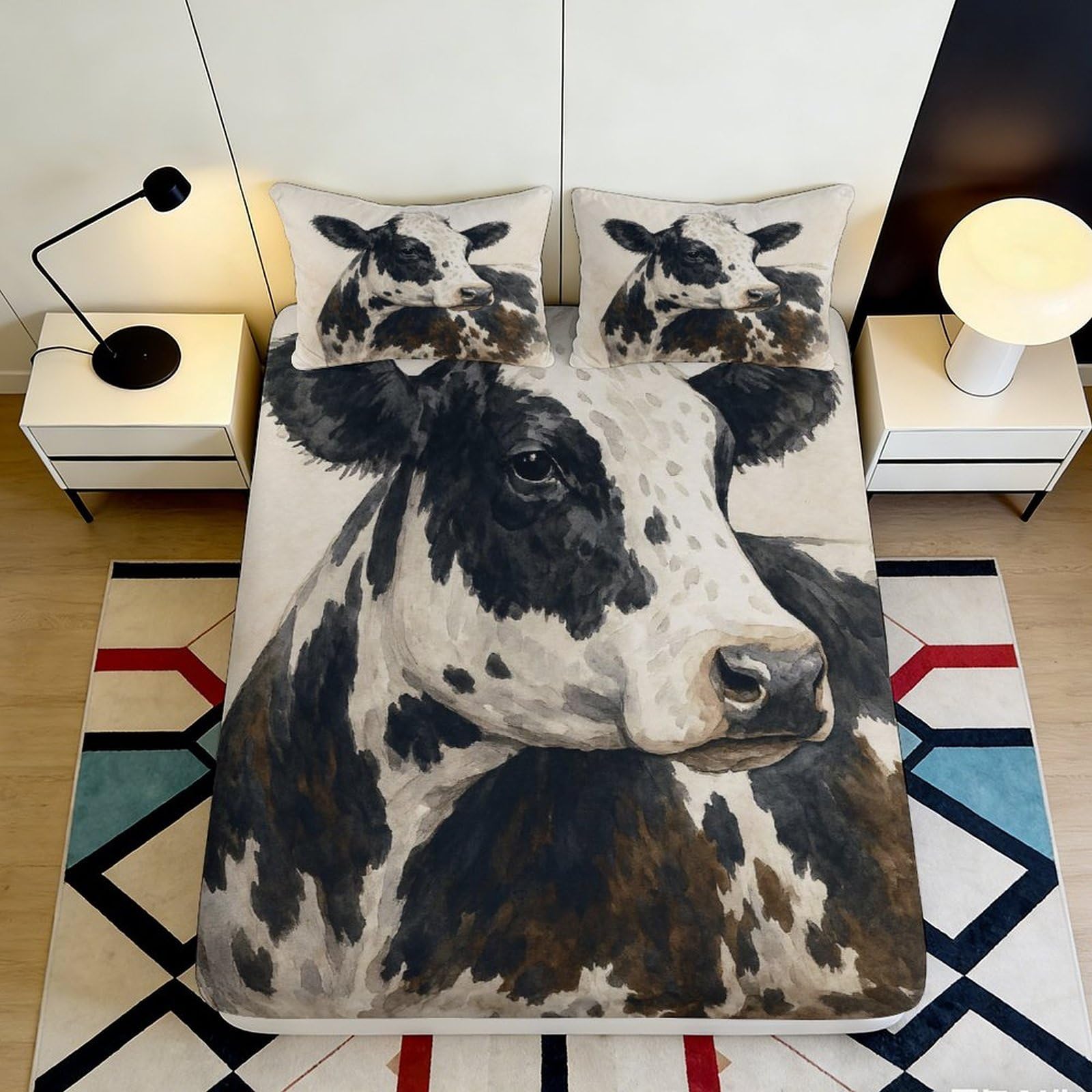 3D Printed cow motif Fitted Sheet, soft touch Microfiber, wrinkle resistant, guest room bedding decor, anti-slip, easy care, stylish accent 90x200x25cm