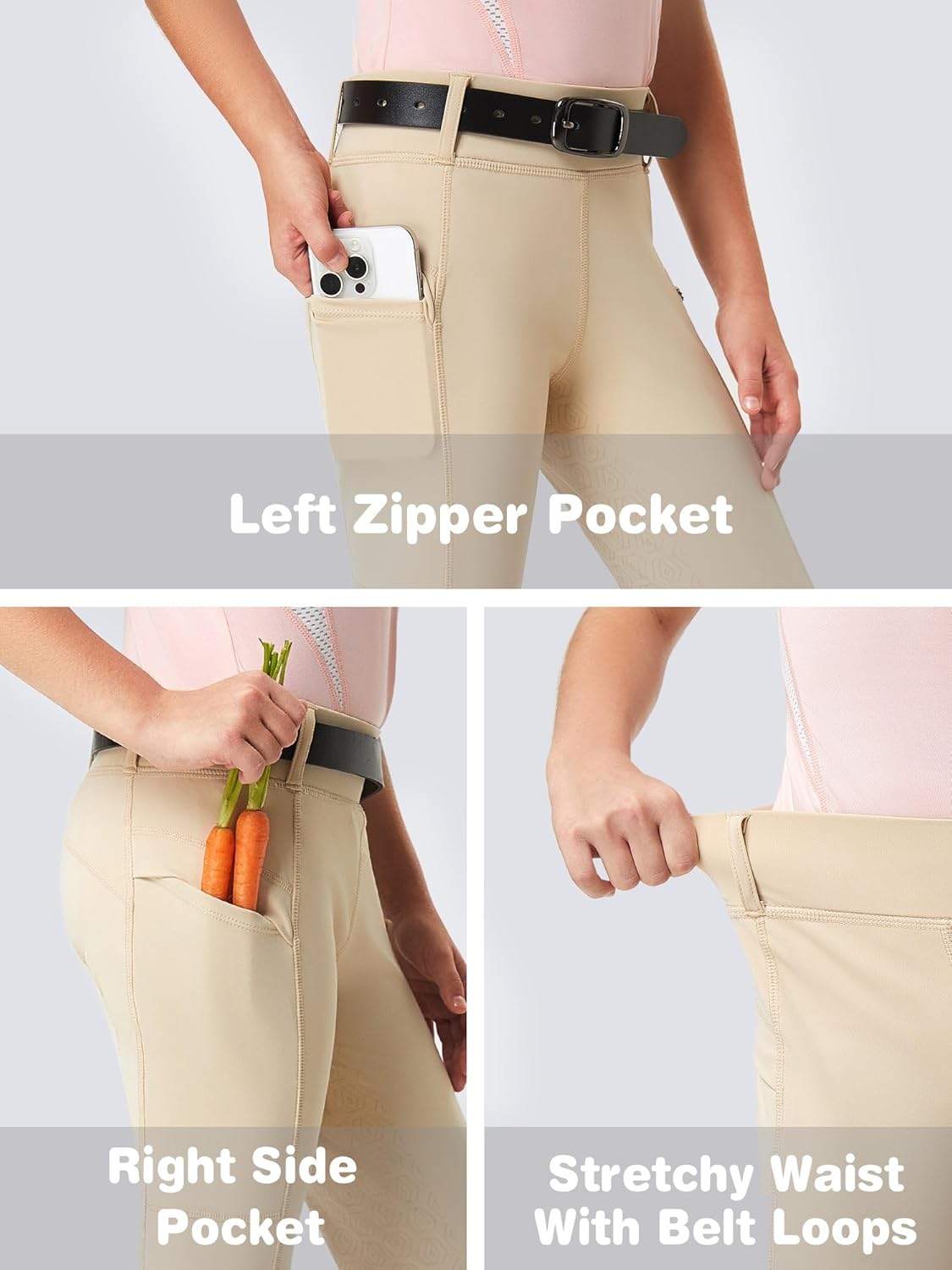 FitsT4 Sports Girls Riding Pants Full Seat Kids Equestrian Breeches Stretchy Youth Horse Schooling Tights Zipper Pockets - Image 6