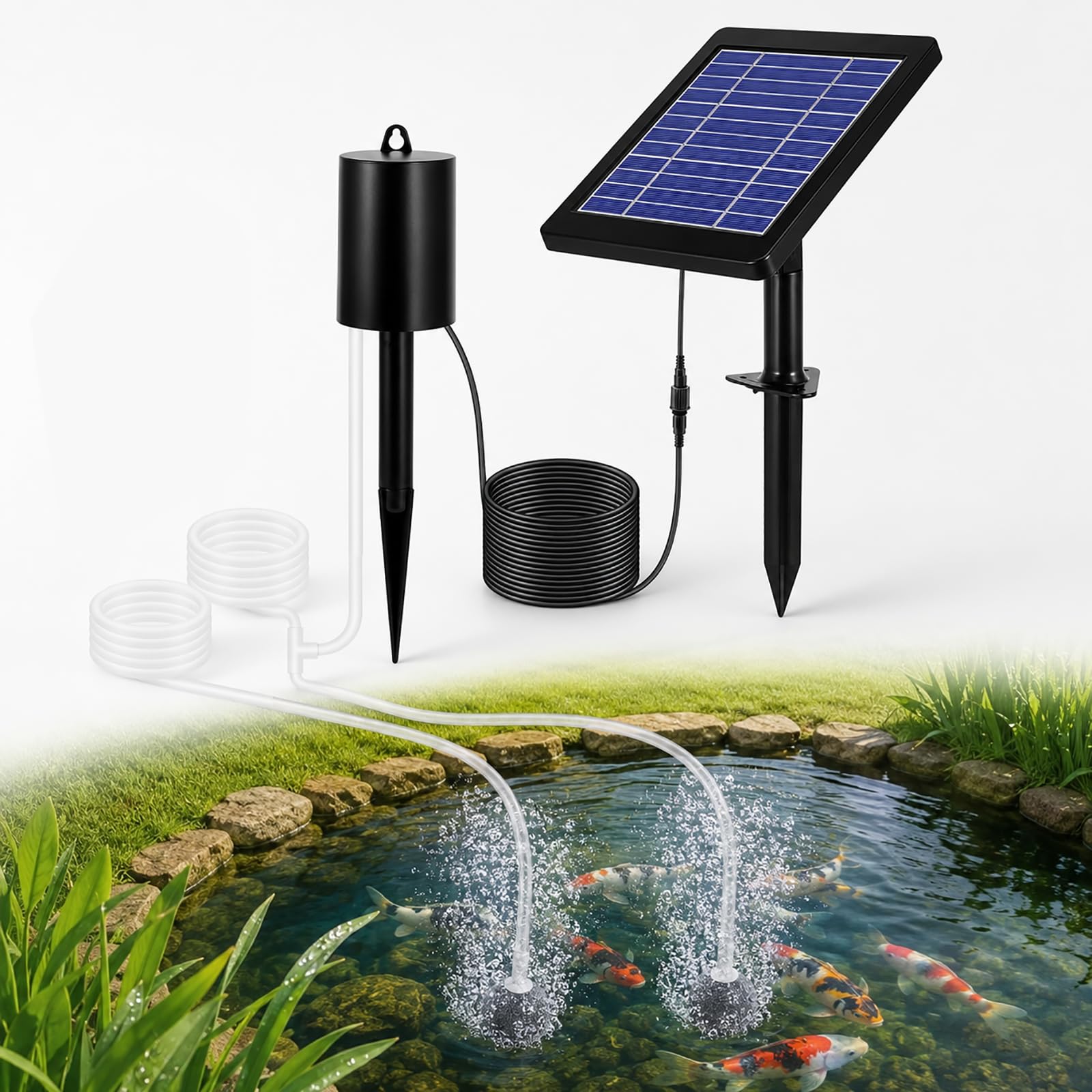 Aérateur de bassin solaire avec 2 pierres à bulles d'air, kit de pompe à air étanche IP64, pompe à oxygène solaire multifonctionnelle portable, 3 modes d'oxygène, 35 dB silencieux, pour jardin