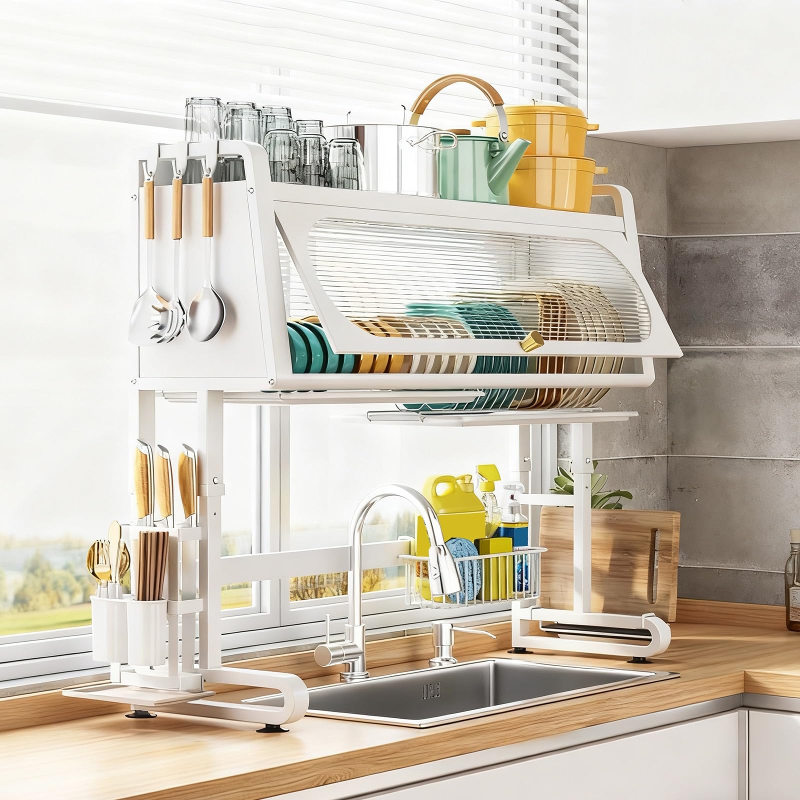 CAFIEDR Height Adjustable Stainless Steel Over Sink Dish Rack - Large Capacity Dish Drying Rack * Utensil Holder - Multifunctional Kitchen Storage Organizer.White-77cm/30.3in