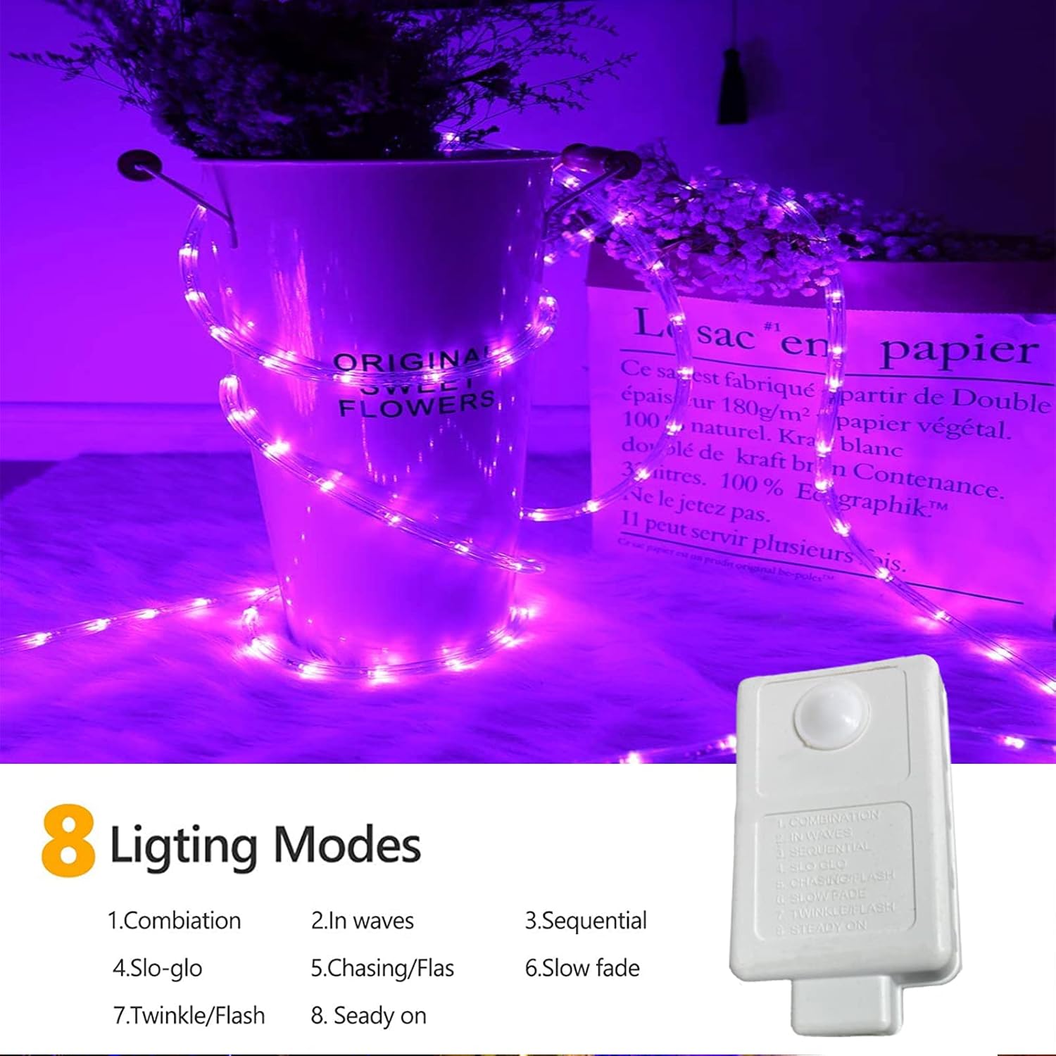 Jnaurb 100ft Purple LED Rope Lights with a diagram of 8 lighting modes and the mode controller