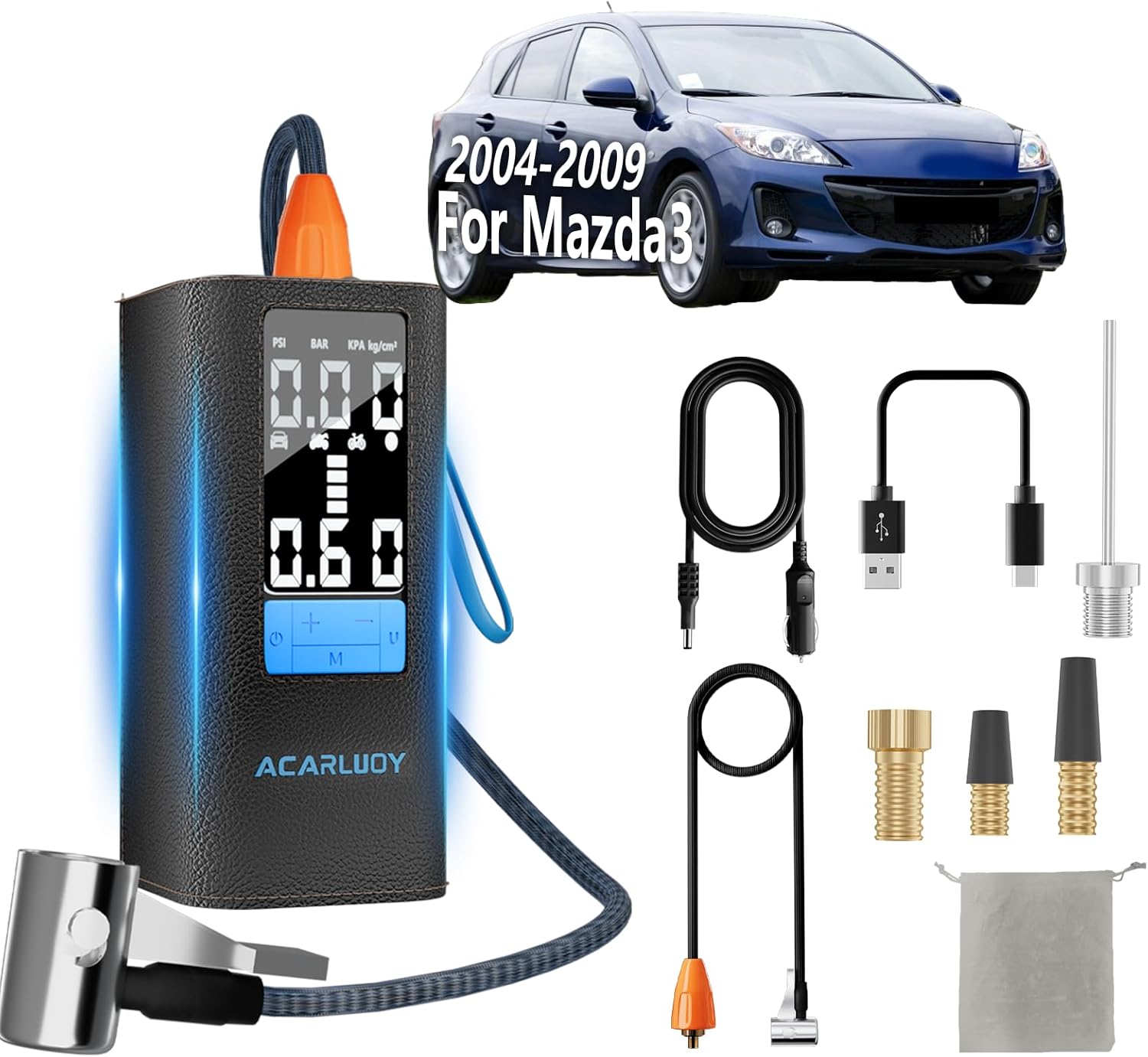Portable Air Compressor Tire Inflator - 150PSI 6000mAh Cordless Air Pump for Car Tires, 3X Faster Inflation, LCD Display, Auto Shut-Off, Fit for Mazda3 (2004-2009),tire air pump