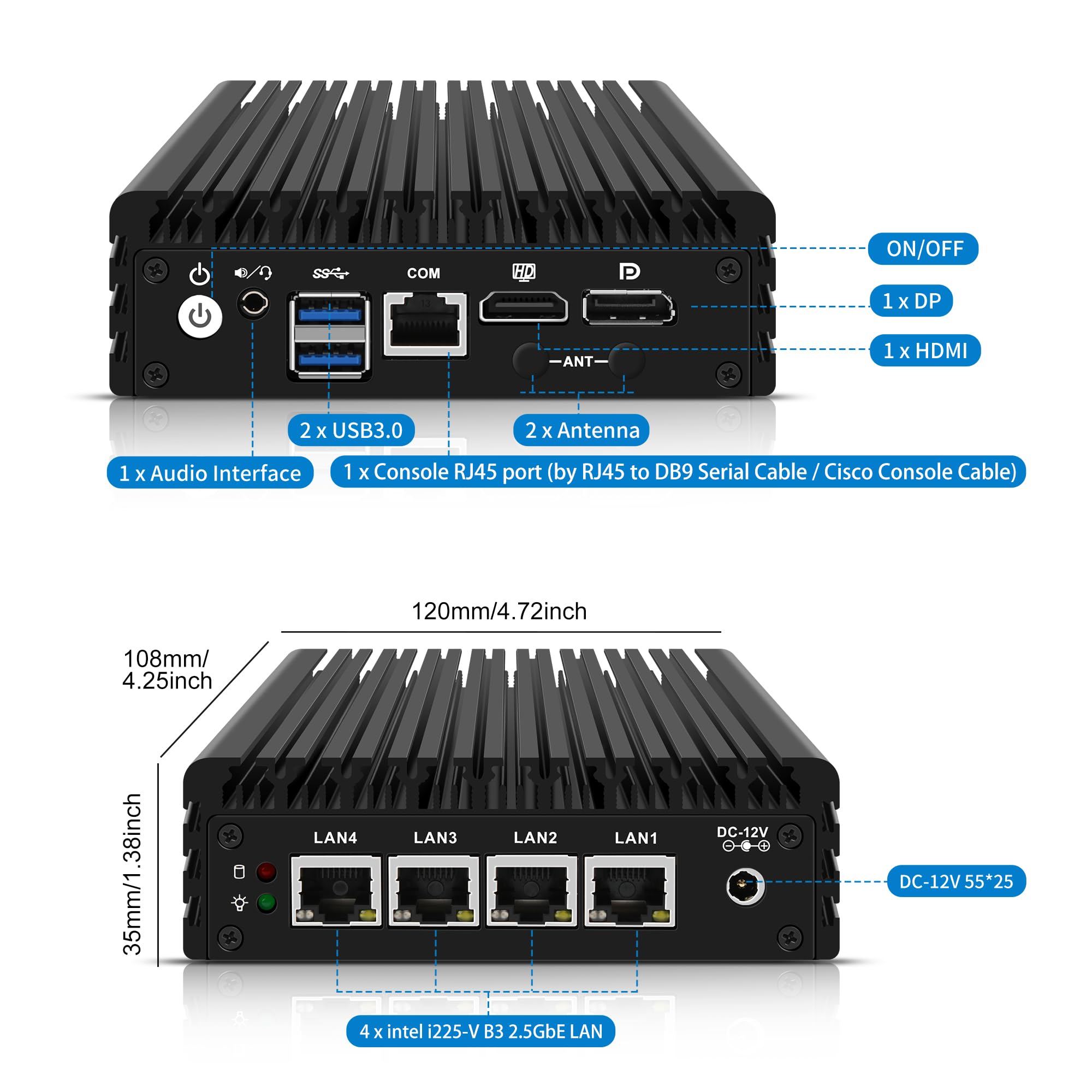CWWK Mini PC Firewall Micro Appliance, Pentium J3710, 4 Porte LAN i225 2.5GbE, OPNsense Hardware Mini Computer, Fanless PC, DDR3L 8GB RAM 128GB SSD, AES-NI, Console COM, HD, DP