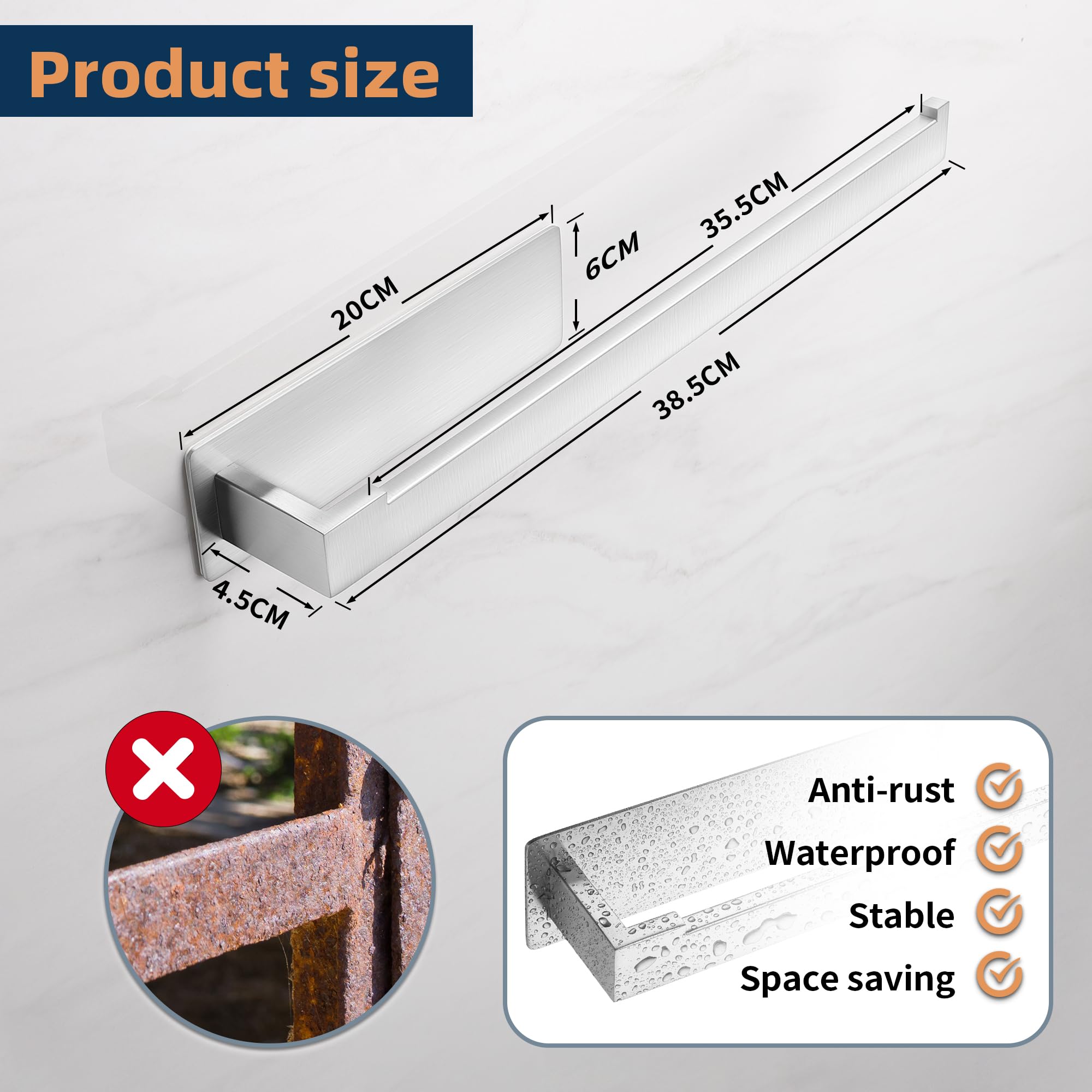 Porta Asciugamani Adesivo Per Bagno E Cucina - Doppio Braccio In Acciaio Inox, Argento, Senza Fori - Foto 3