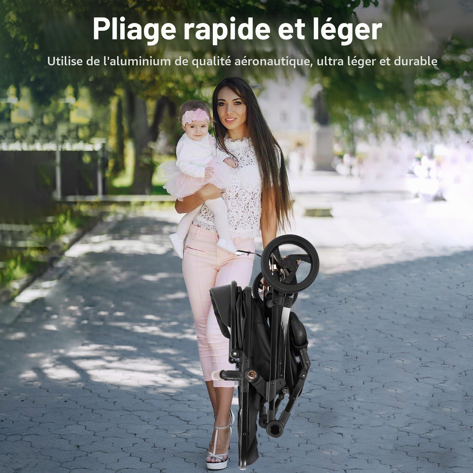 Cuir 3 en 1 Poussette Combinée, Poussettes Citadines Avec ECE R129 Siège Auto, One Click Pliant Poussette Bébé-né Haute Vision Cadre en Aluminium Poussette pour Nouveau(22kg, 0-4Ans)
