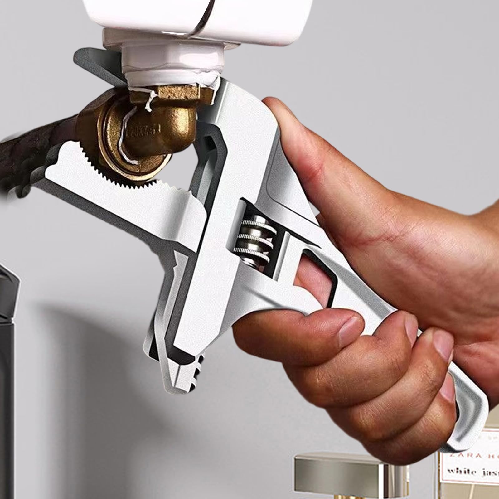 Llave de fontanería de mandíbula ancha ajustable, herramienta multiusos para instalación de baño y reparación de tuberías, diseño de mango corto (plata)