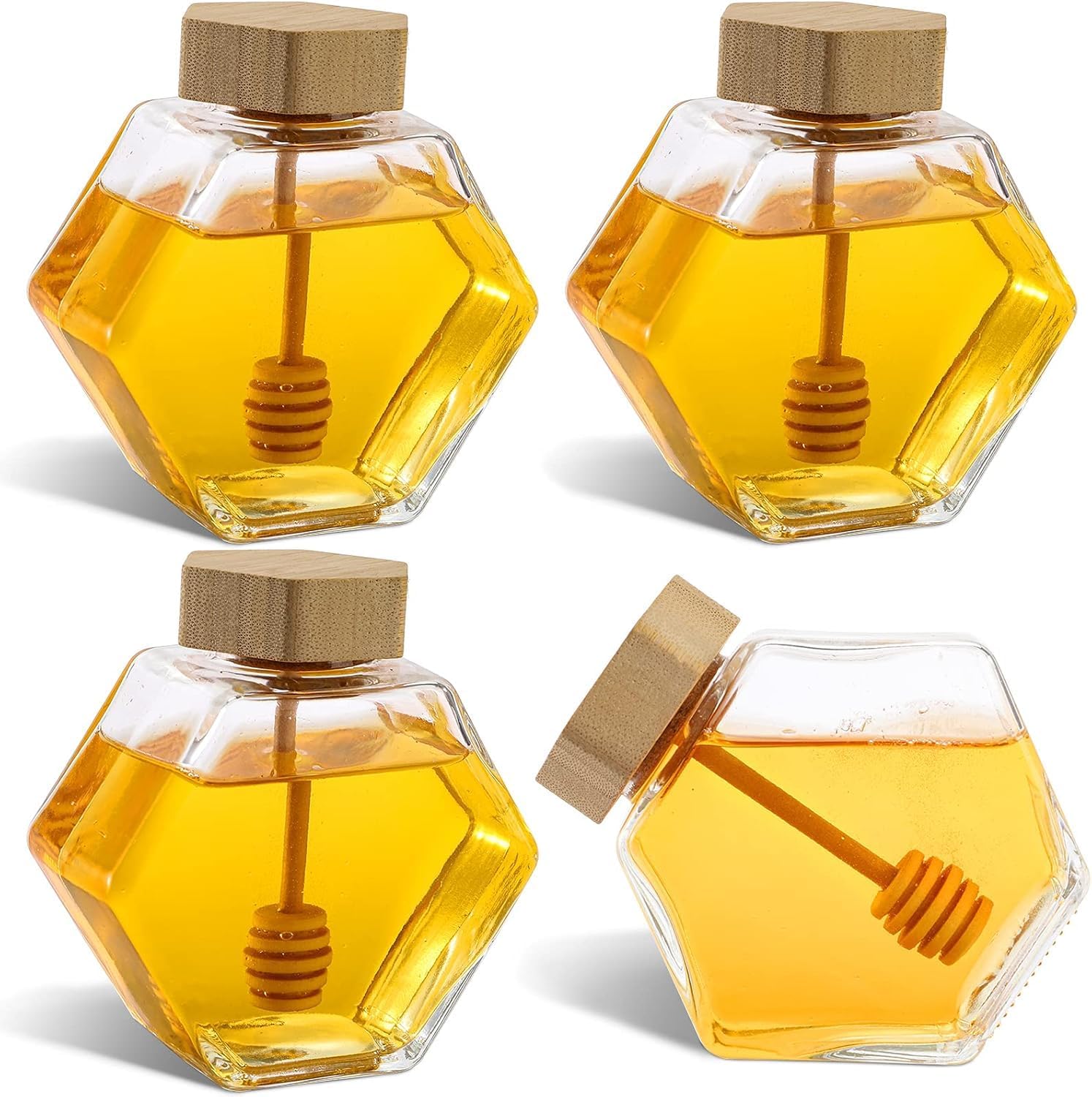 DEAYOU 4 Pack 7.7oz/220ml Honey Pot, Glass Honey Pot with Wooden Dipper, Honey Container Storage, Clear Honeypot for Home, Kitchen