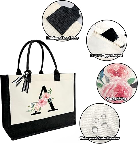 Miniatura 4 de Bolsa de lona personalizada con inicial para mujer, bolsa de playa con bolsillo interior con cremallera para bodas, cumpleaños, vacaciones