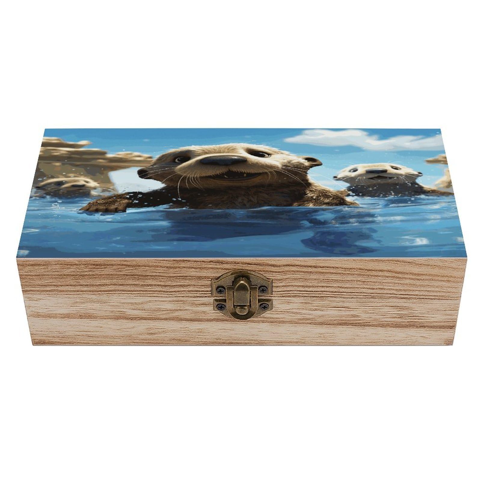JTREHY Lovely Sea Otter Print Wooden Keepsake Box Vintage-Style Wood Keepsake Case with Hinged Lid Solid Wood Boxes Beautifully Memory Treasure Case Vintage-Style Wooden Storage Box
