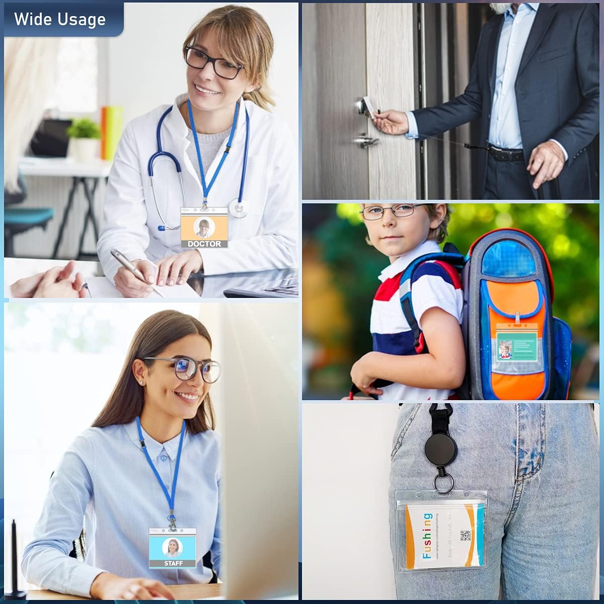 Fushing 50Pcs Extra Thick ID Badge Holders, Exclusive Double-Deck 3x4 Clear Plastic Horizontal Name Tag Badge ID Card Holders, Single Layer Thickness 0.4mm Thicker 60% Than Standard 0.25mm
