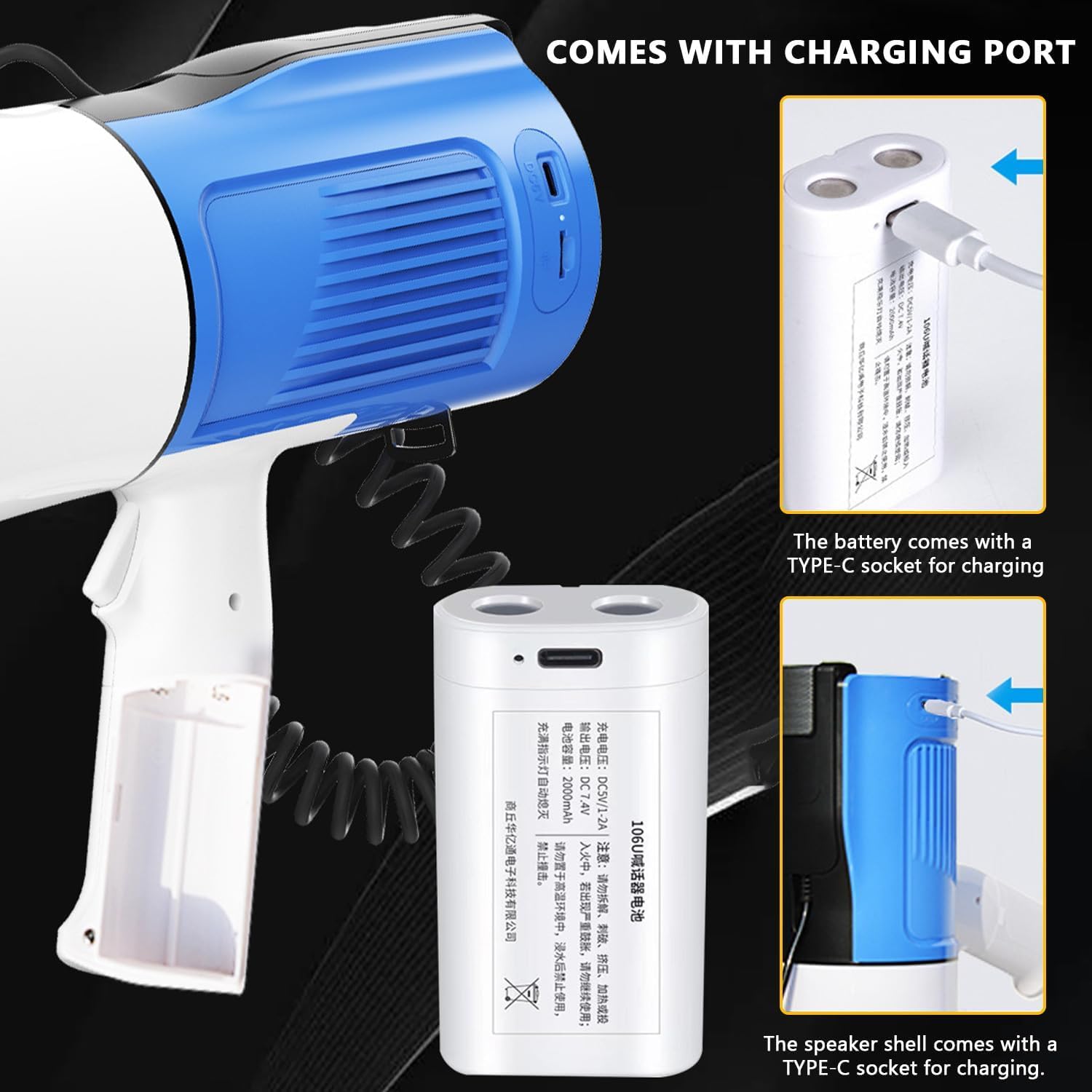 Megafono da 120W, Megafono Portatilecon con Microfono, Funzione Sirena e Registrazione, Controllo Volume Regolabile, Portata Fino a 2000M per Eventi Sportivi, attività all'aperto