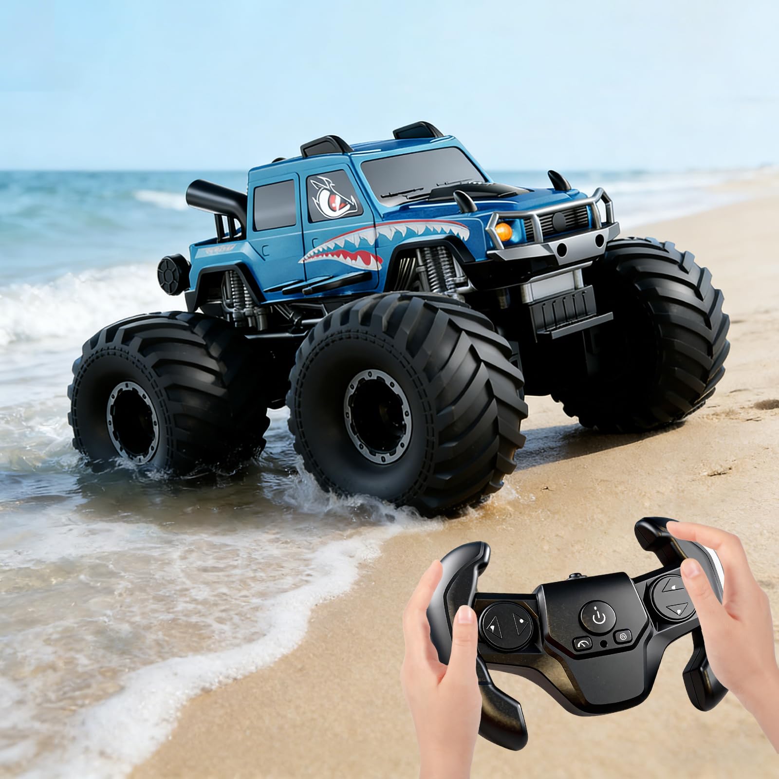 Coche Teledirigido Anfibio para Niños, 2.4GHz 4WD 360° Rotación Impermeable Monster Truck, Todo Terreno Off Road RC Coche