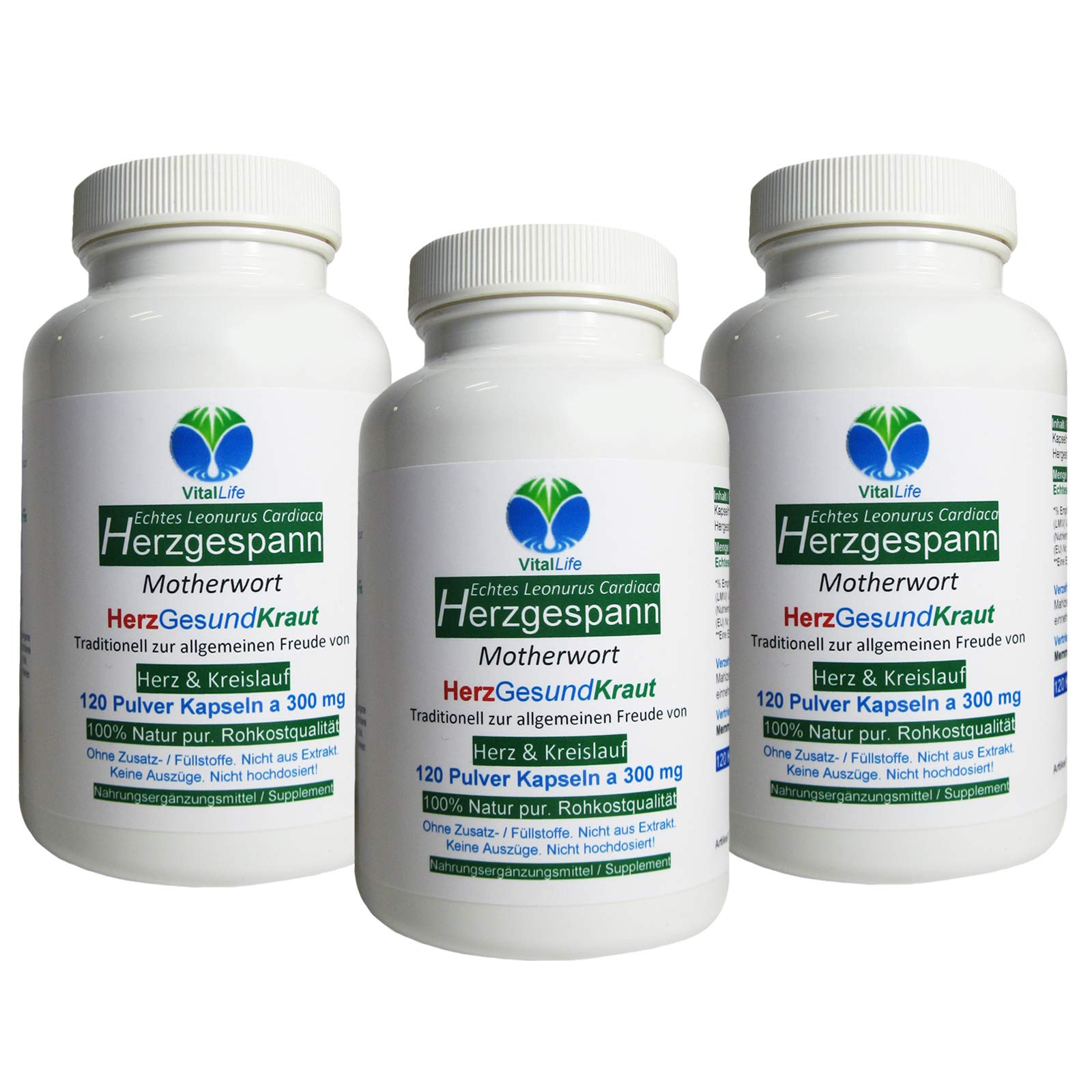 Herzgespannkraut 360 Kapseln echtes HERZGESPANN Herz & Kreislauf - Motherwort Herz-Gesund-Kraut nach Hildegard von Bingen. 100% NATUR PUR. Ohne ZUSATZSTOFFE (3x 120 Kapseln). 26865-3