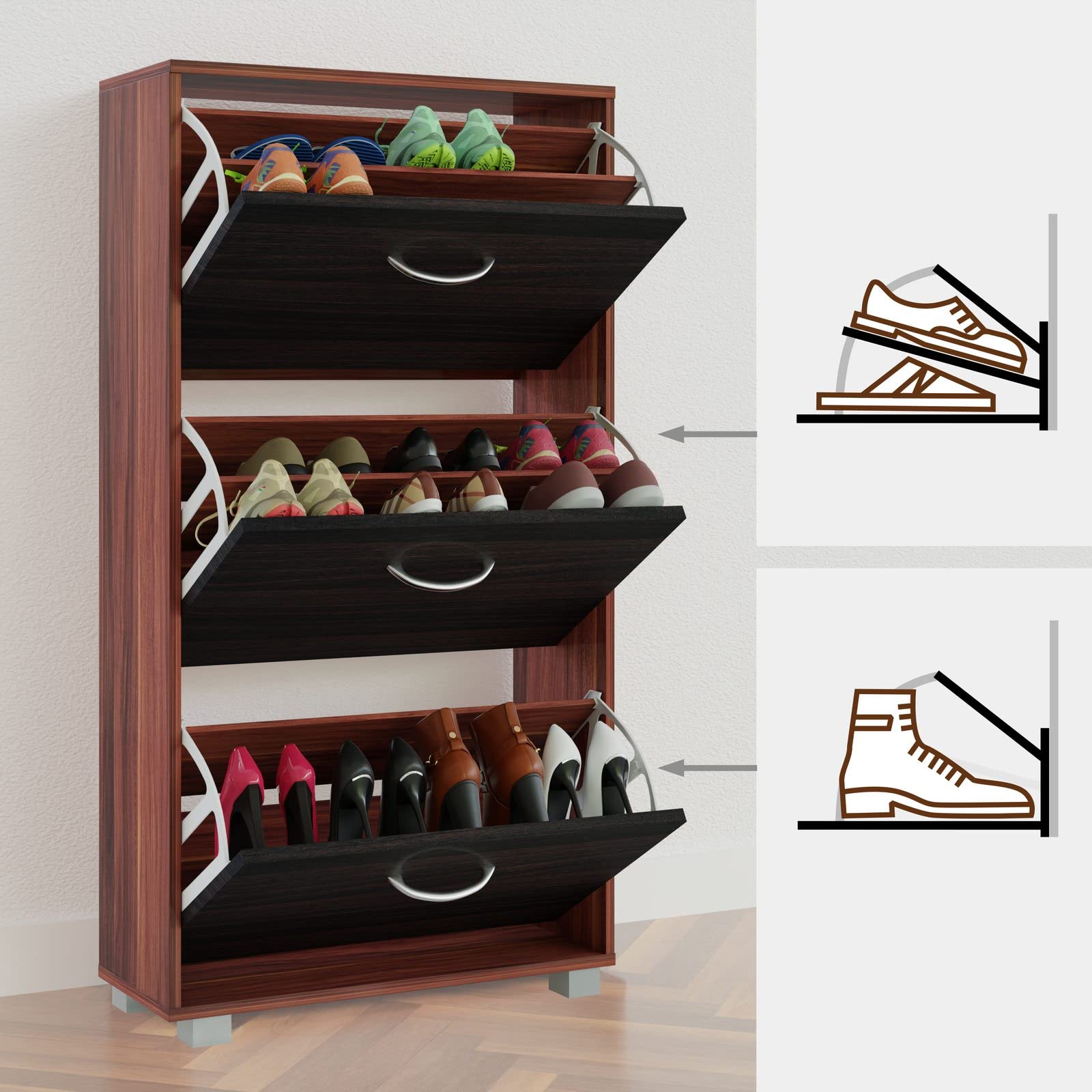 CASARIA® Zapatero Armario 3 Puertas, Mueble Organizador Zapatos, Compacto, Estrecho, para 18 Pares,Entrada Recibidor Pasillo Salón, Estantería de Madera, Antivuelco, 115x60x25cm