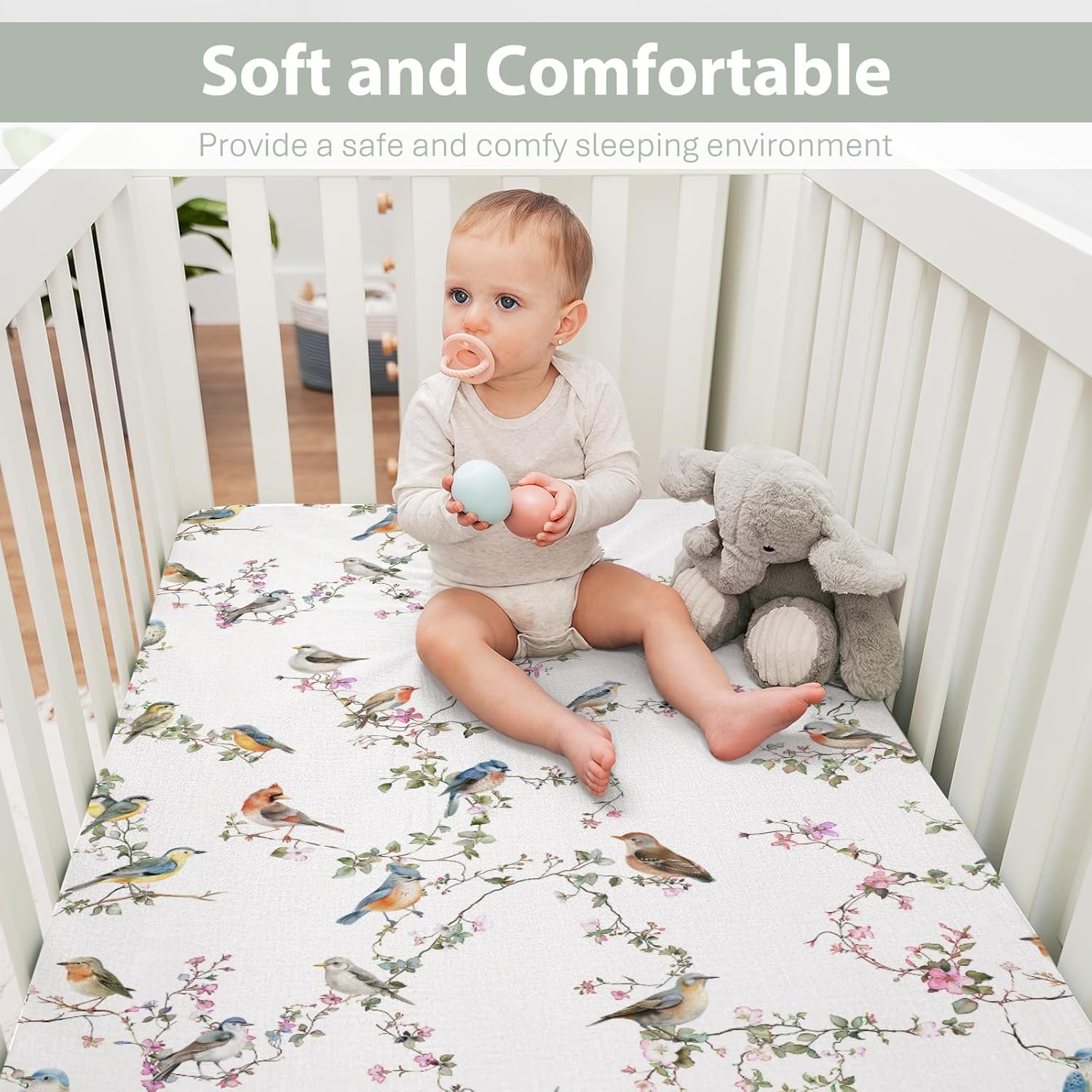 Watercolor Cute Birds Baby Crib Sheets for Boy Girl 52"x28" Spring Garden Bird Floral Leaves Soft Snug Fitted Crib Mattress Cover Sparrow Farmhouse Baby Sheet for Standard Crib and Toddler Mattress