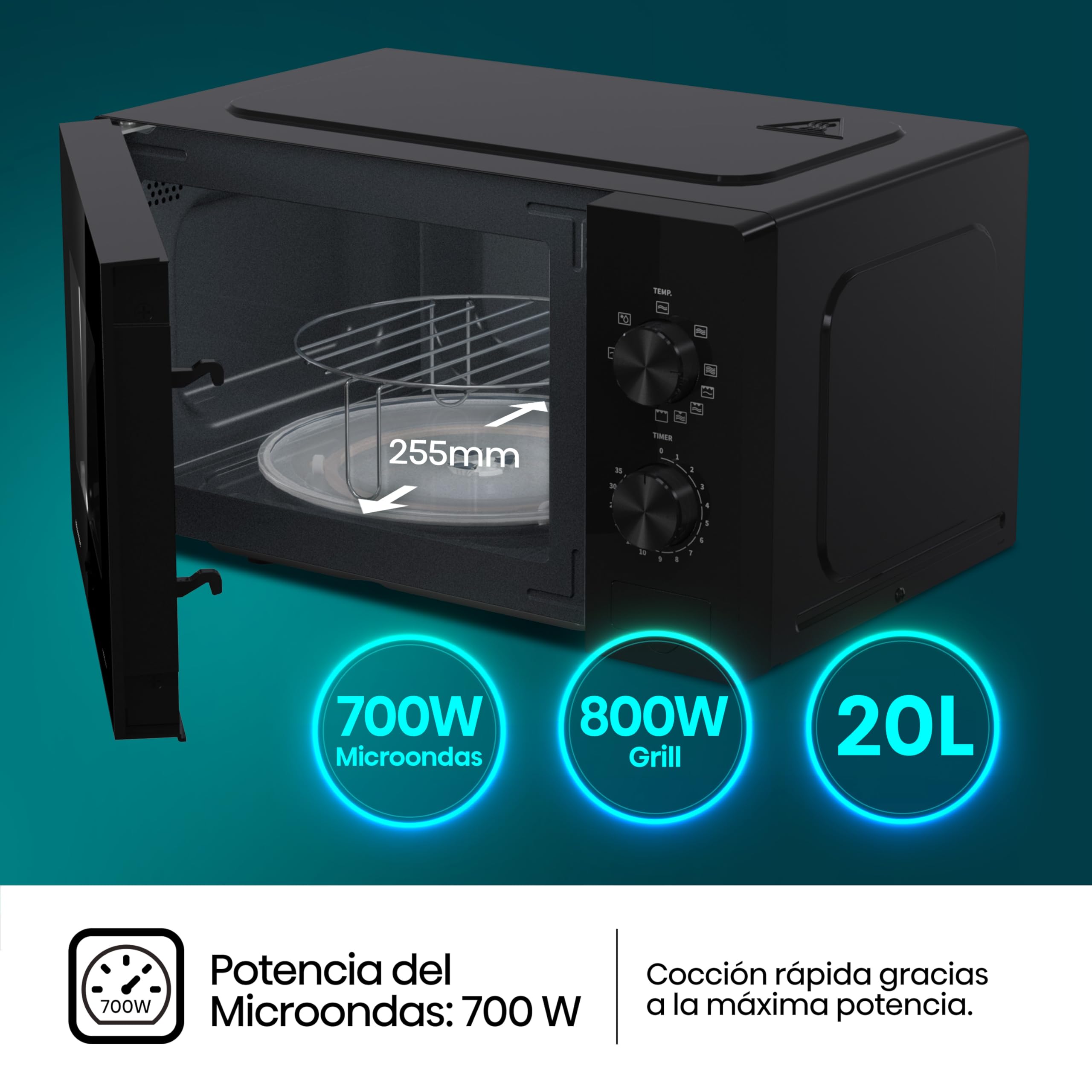 Hisense H20MOBP1G - Microondas con Grill 20 L, 700 W de Potencia, 800W Grill, Revestimiento Cerámico, Cristal Premium, 5 Niveles, Fácil Limpieza, Temporizador cocción, Negro