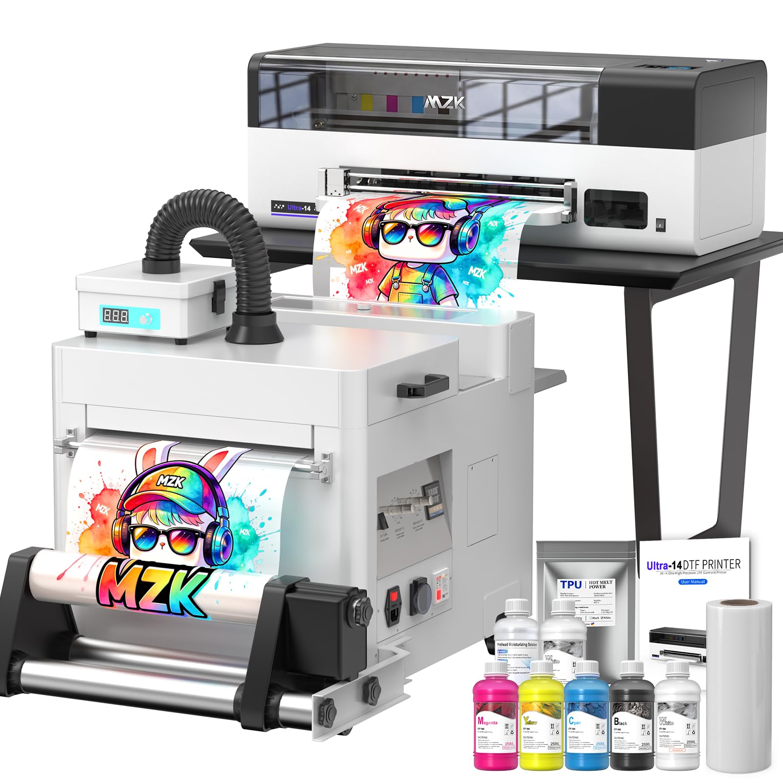 MZK 14''A3 DTF Printer Bundle With F1080 Printhead,2X Speed vs L1800/R1390,One-Click Printhead Moisturizing+24/7 Auto-Cleaning+White Circulation+Ink Anti-Clog Design,5" Smartscreen,2-Year Ink Included