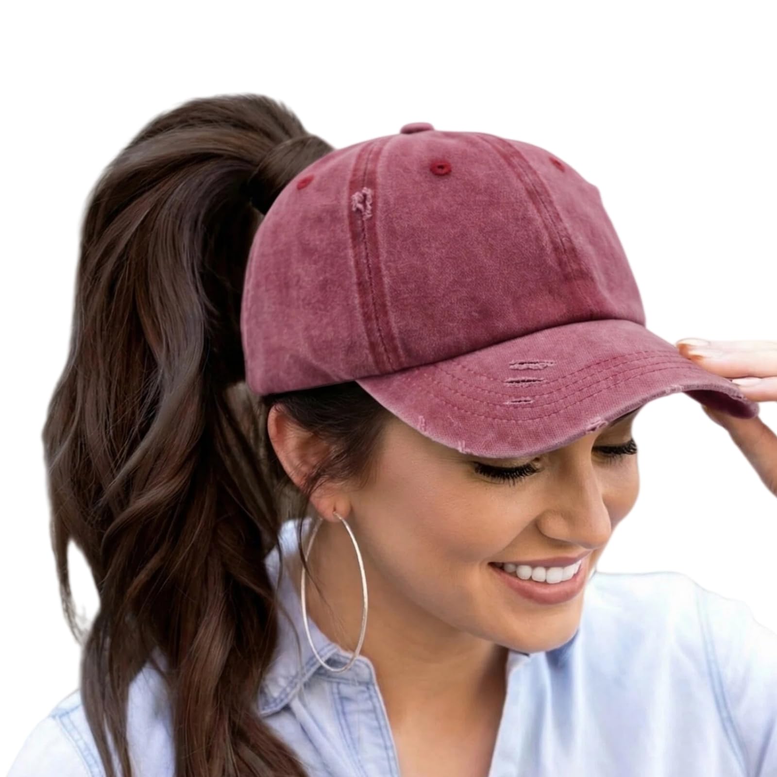 Womens Criss Cross Ponytail High Messy Bun Hats Distressed Baseball Caps Unconstructed Washed Dad Hat Girls Trucker Ponycaps (01-Solid Fabric Wine)