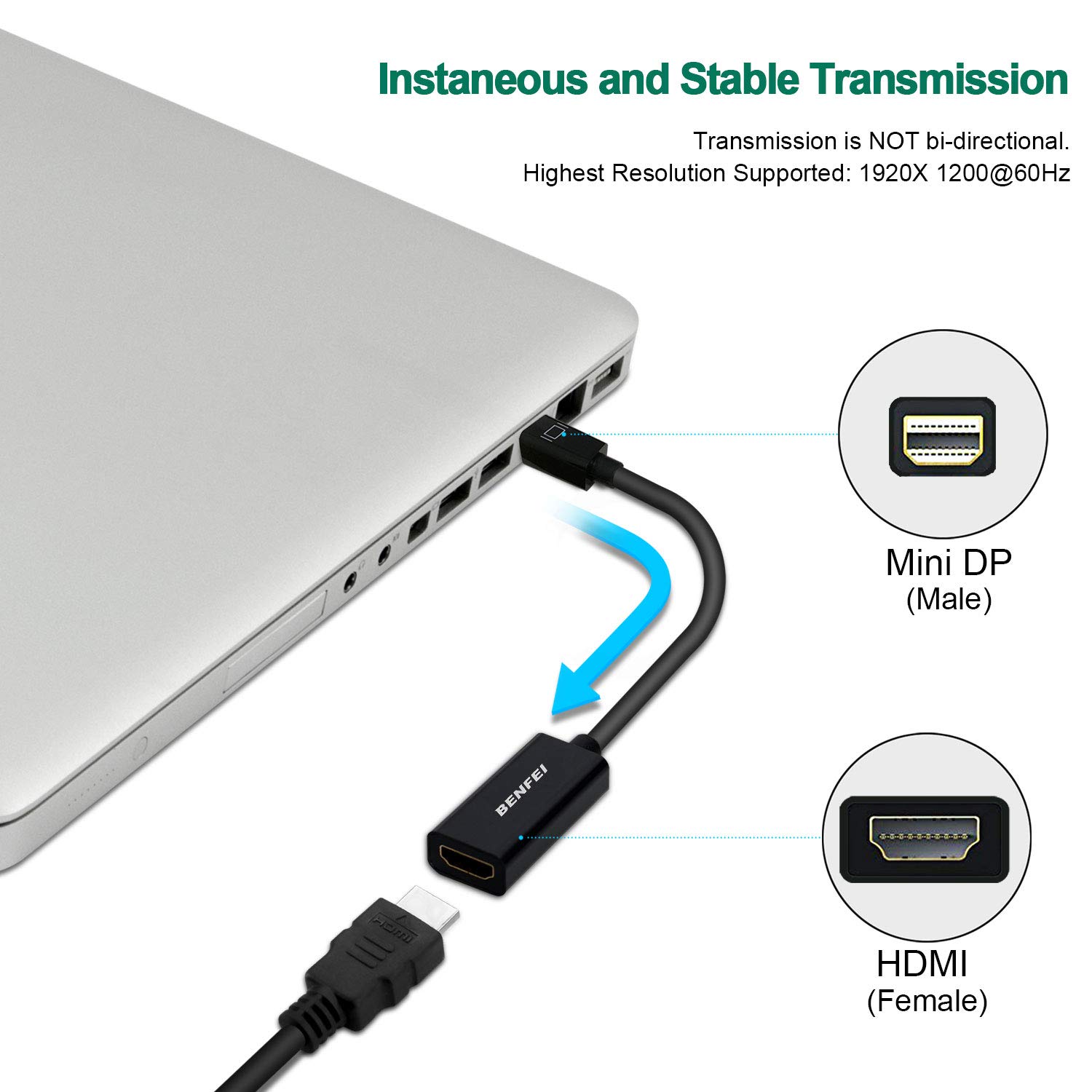 BENFEI Adaptateur Mini DisplayPort vers HDMI, convertisseur Thunderbolt vers HDMI plaqué Or Compatible pour MacBook Pro, MacBook Air, Mac Mini, Microsoft Surface Pro 3/4, etc.