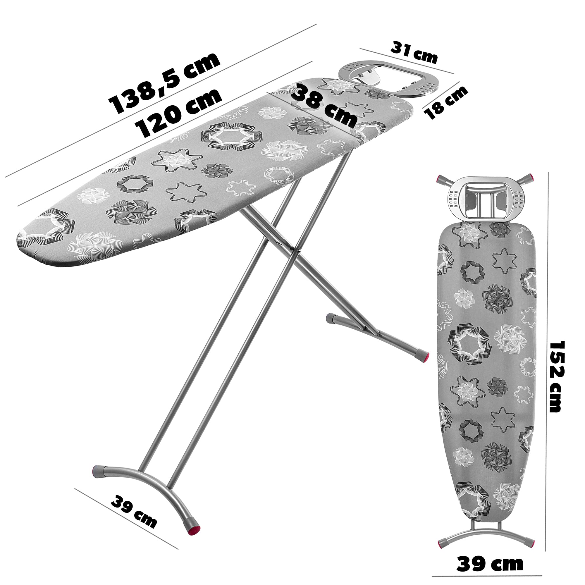 KADAX großes Bügelbrett 120x38cm - Stabiler Bügeltisch für Dampfbügelstation, klappbar, höhenverstellbar, mit Metallgitter, mit hitzebeständiger Bügeleisenablage