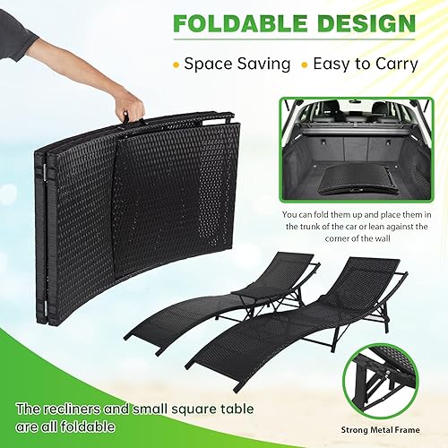 Miniatura 4 de Juego de 3 sillas de bronceado de mimbre, sillas de playa portátiles, tumbonas de ratán para patio al aire libre con 3 respaldos ajustables, cojines