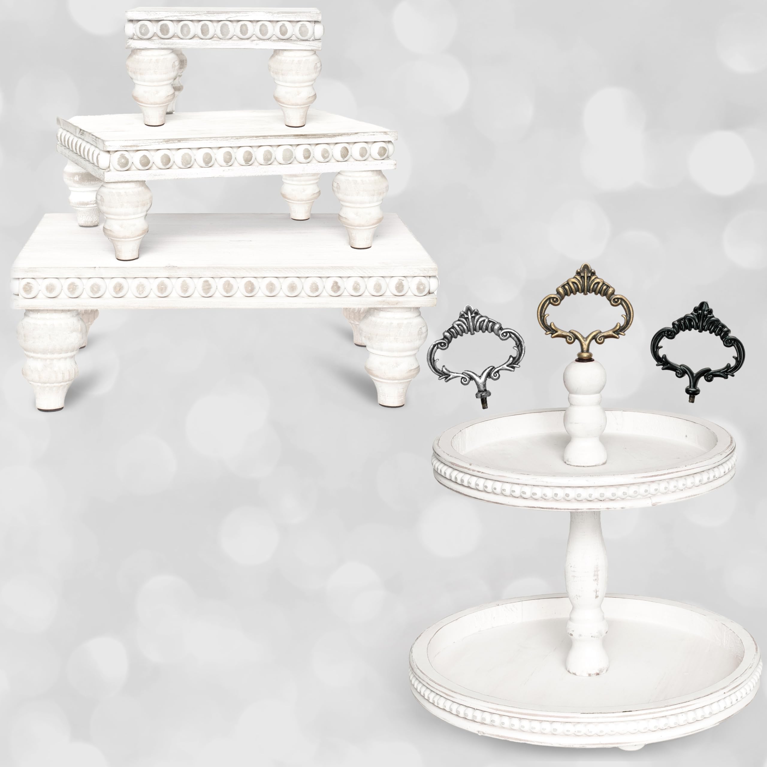 Tiered Tray + Risers Bundle - 2 Tiered Wooden Serving Stand + Set of 3 Beaded Wood Display Risers | Farmhouse Kitchen & Coffee Bar Decorative Trays | Includes 3 Custom Handles (White)
