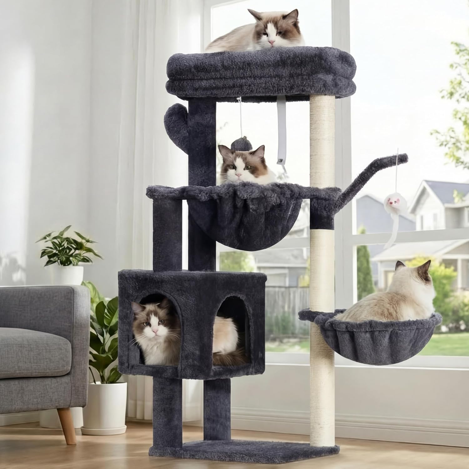 Heybly HCT006SG Kratzbaum für Katzen, 100 cm hoher Kratzbaum, Kletterturm mit großer Plattform, Höhle, 2 Hängematten, Katzenspielzeug, Katzenmöbel, Kletterbaum, Aktivitätskratzbaum, Rauchgrau