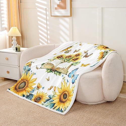 Miniatura 3 de Manta de franela con diseño de girasoles en acuarela, mariposas y animales salvajes, para decoración de cama, sofá, sofá o sillón, manta de forro