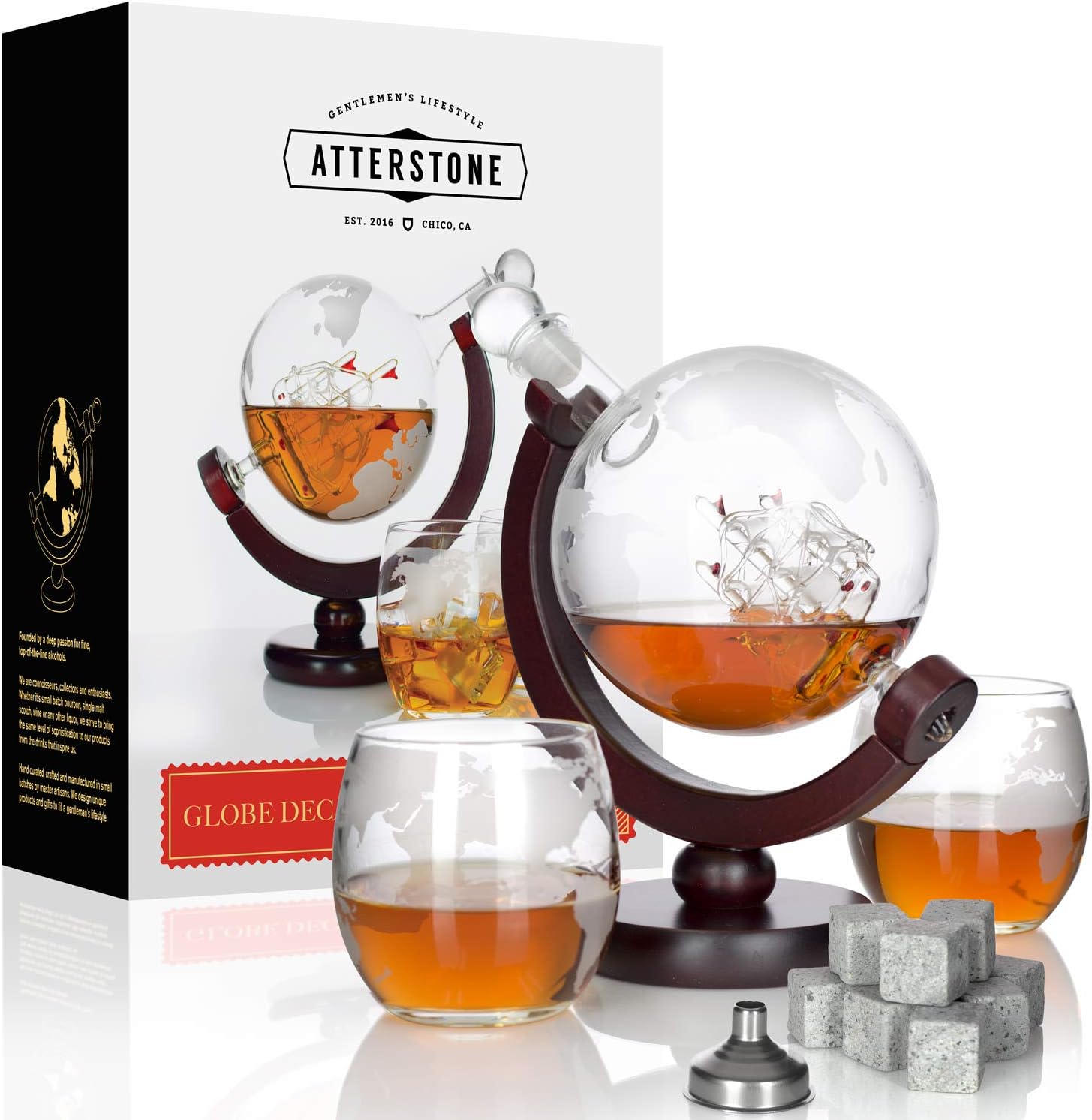 Atterstone Whiskey Decanter Set. Handblown Glass Globe Decanter Whisky