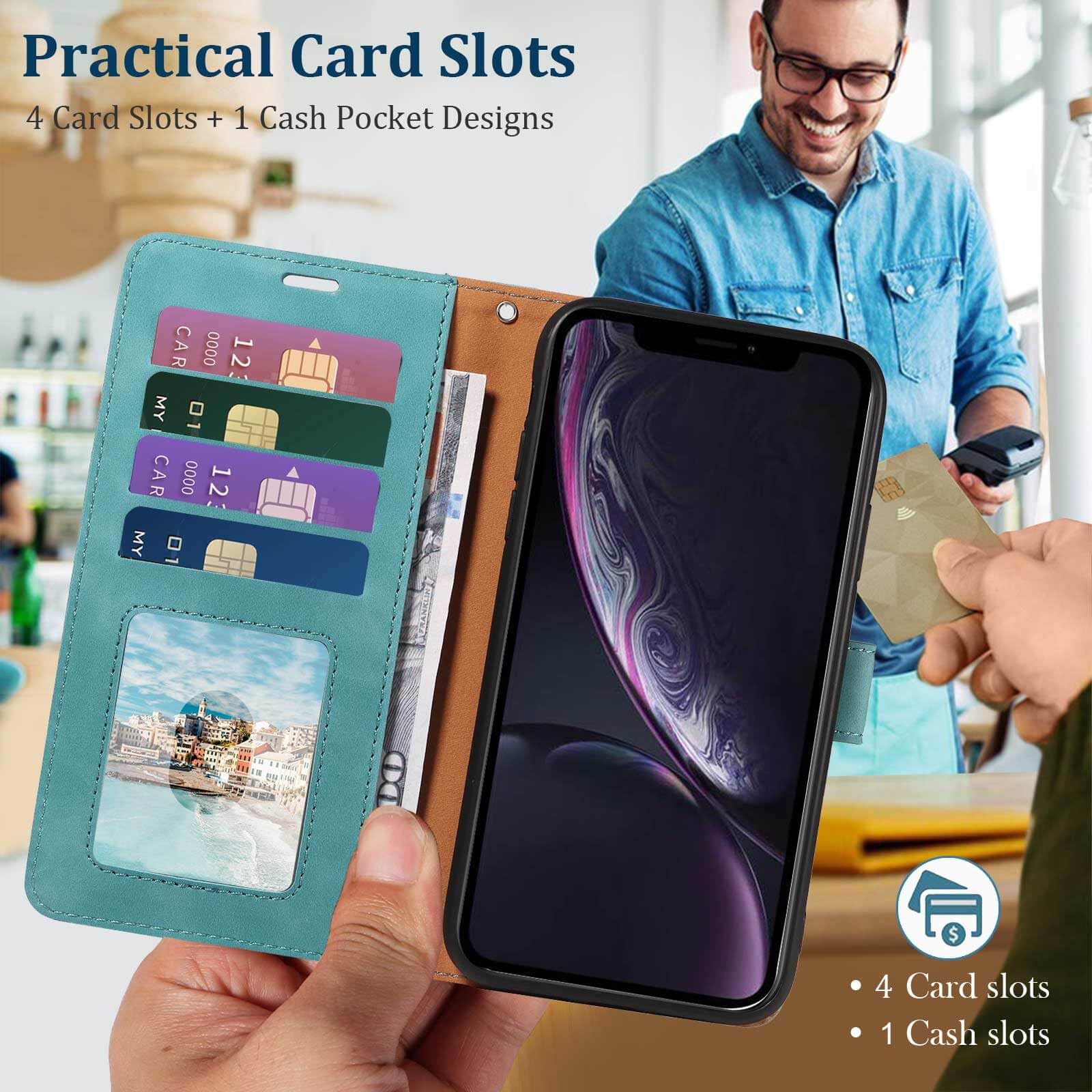 GOTOURED Green Wallet Phone Case for iPhone XR RFID Blocking 4 Card Slots, Wrist Strap, Kickstand, Magnetic Closure - Image 2