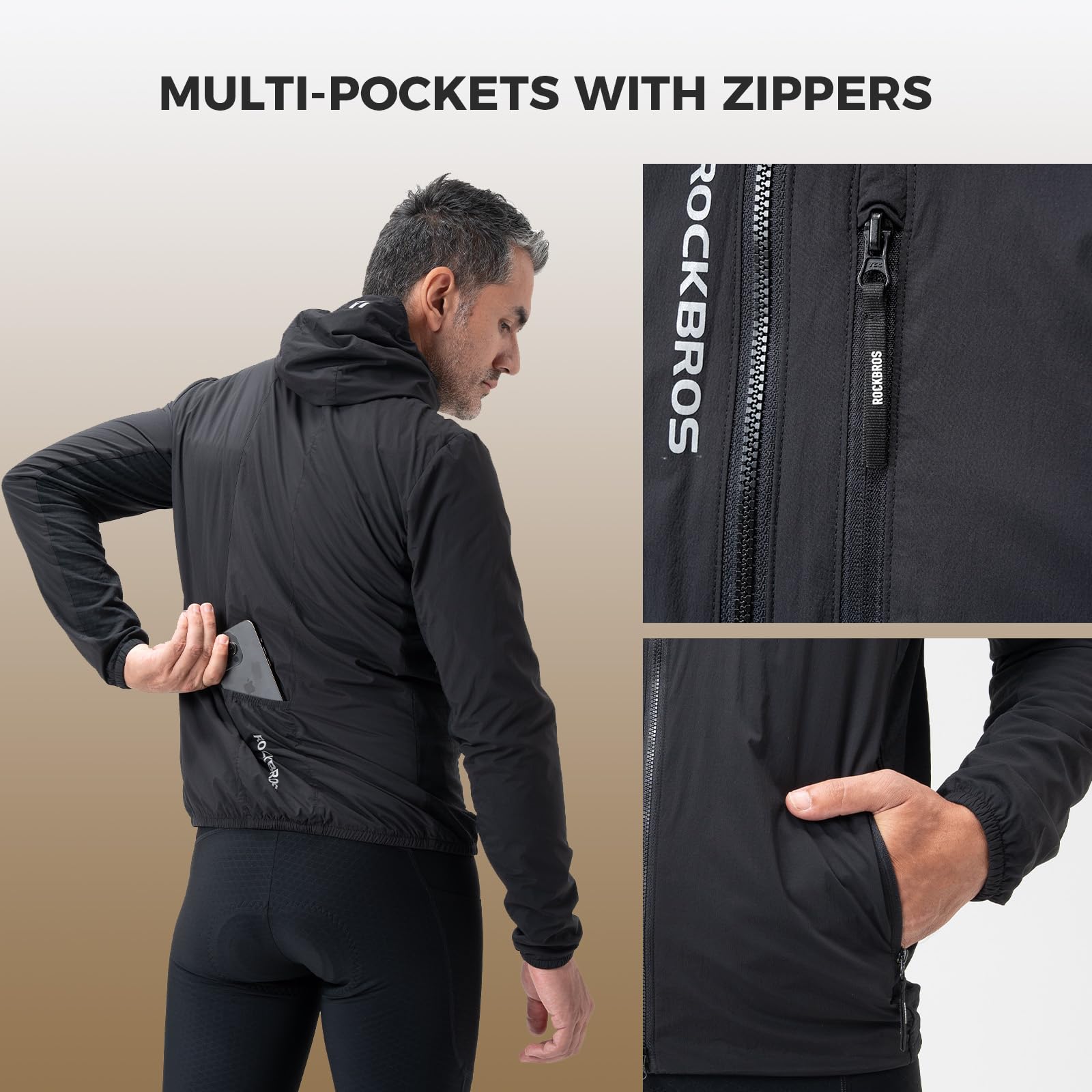 ROCKBROS Chaqueta Ciclismo para Hombre, Cálida Cortavientos Transpirable Resistente al Agua y Reflectante con Bolsillos para Running Senderismo Deportes al Aire Libre, Negro