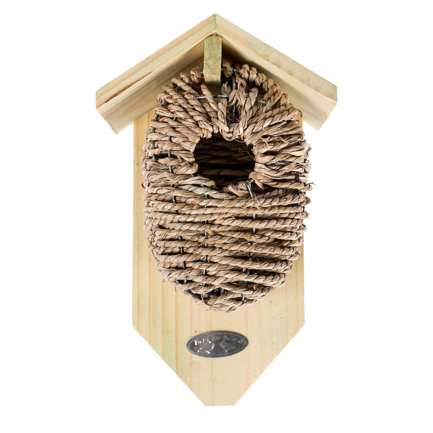HOMESCAPES Wooden Bird Box with Seagrass Bird Nest For Wall or Tree Mounting