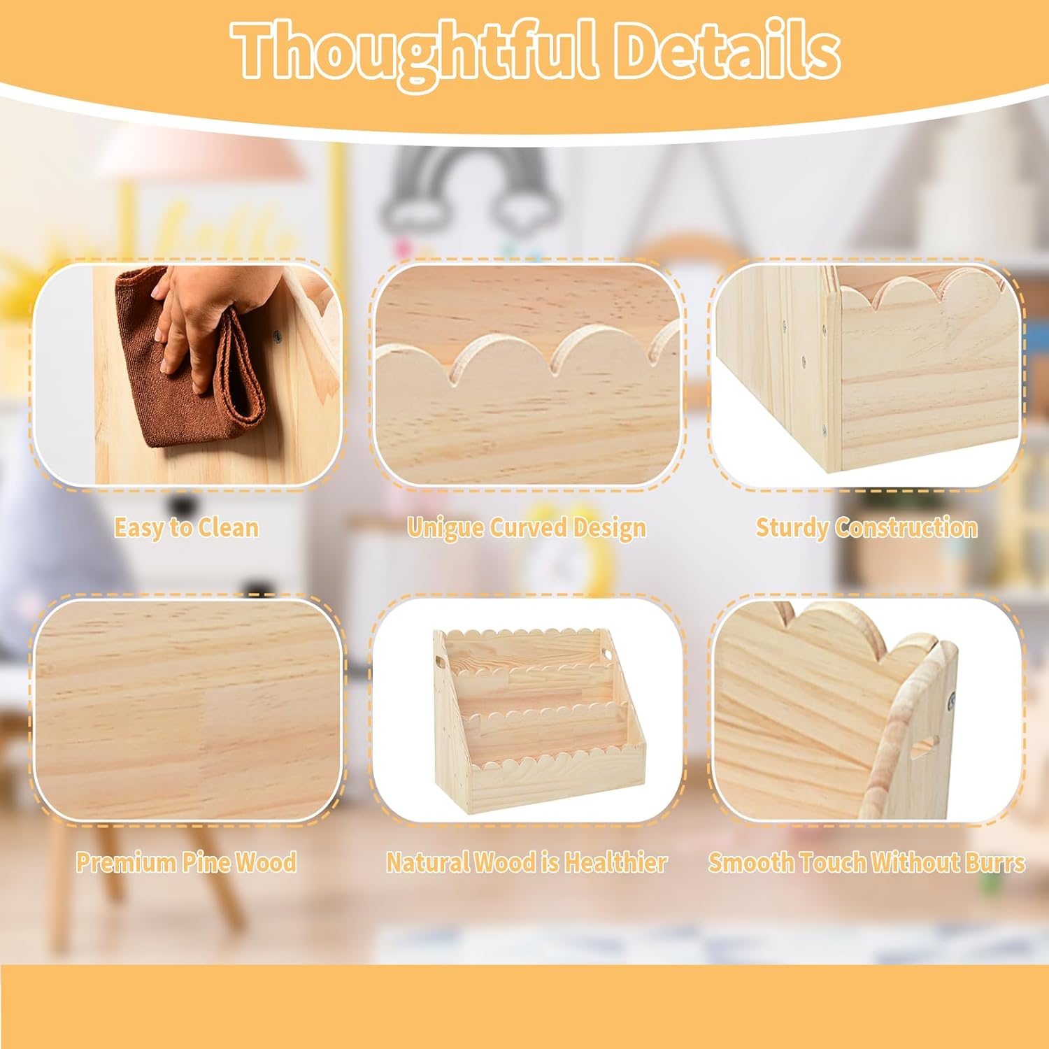 Kids Bookshelf 3-Tier, Solid Wood Bookcase & Montessori Book Display Rack, Open Front Facing Bookshelves for Toddlers, Children's Room, Nursery, Bedroom, Playroom Organizer (Large) - Image 3