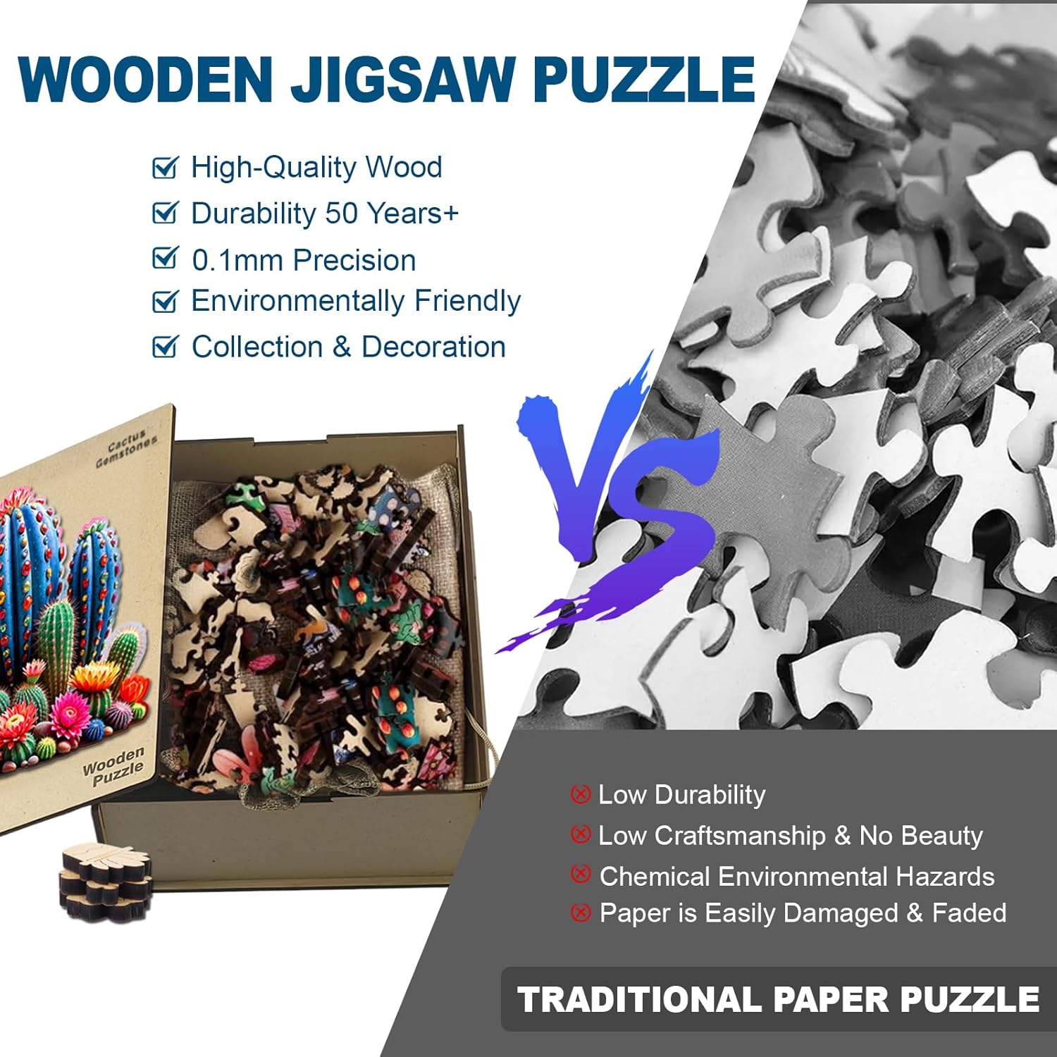 Wooden Puzzles for Adults, Cactus Gemstones 300 Piece Unique Shaped Wood Puzzle, Creative Wooden Jigsaw Puzzle Gift, Family Game, Wall Art Decor