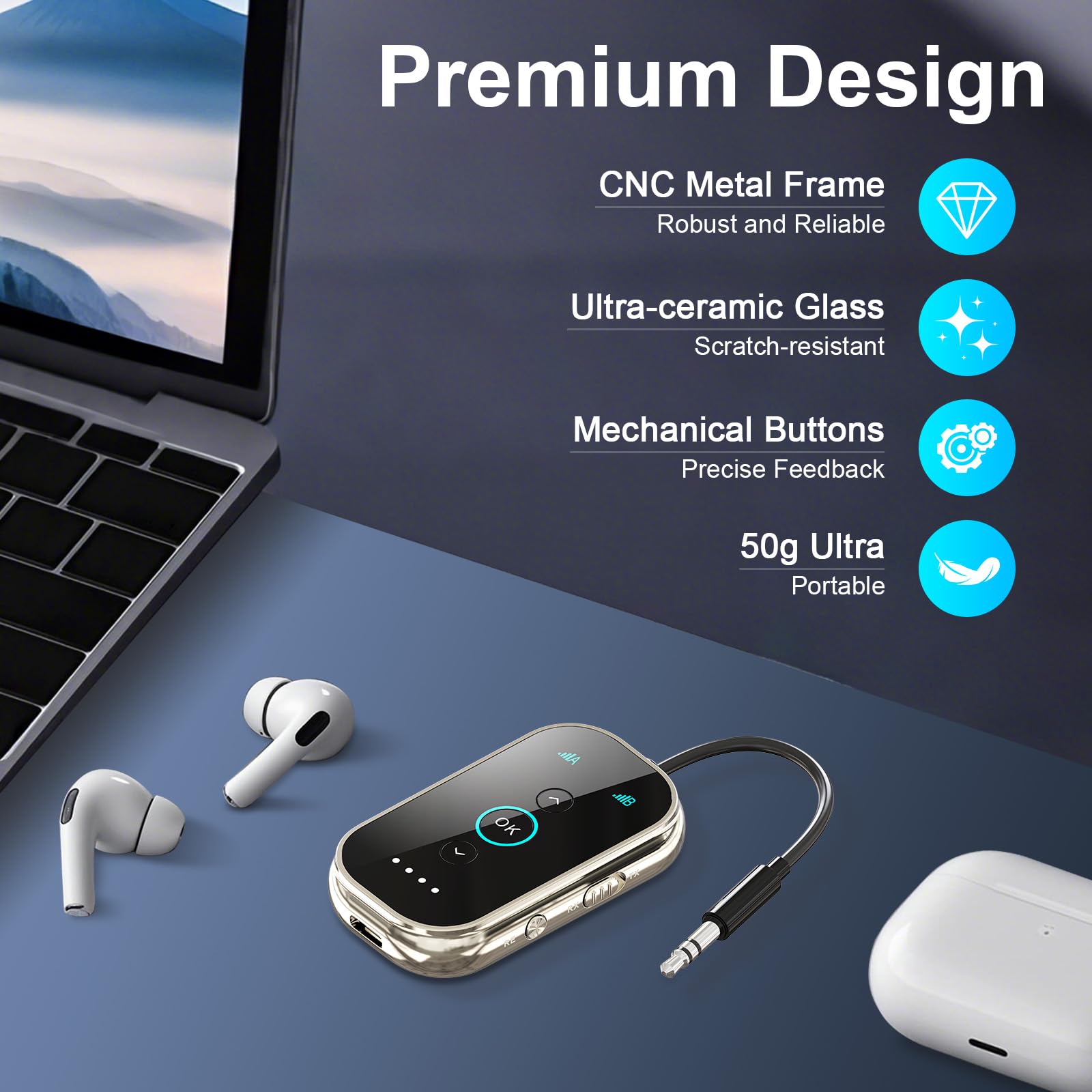 Ultra Bluetooth 5.4 Transmetteur récepteur – Aluminium CNC et verre céramique | Double lien pour 2 AirPods/écouteurs | AptX Adaptif/Audio HD | Émetteur sans fil pour avion/TV/voiture/salle de
