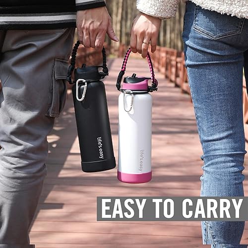 Miniatura 8 de Life's Easy Botella de agua aislada de acero inoxidable, botella de agua deportiva con tapa de popote y mosquetón de paracaídas, frasco al vacío