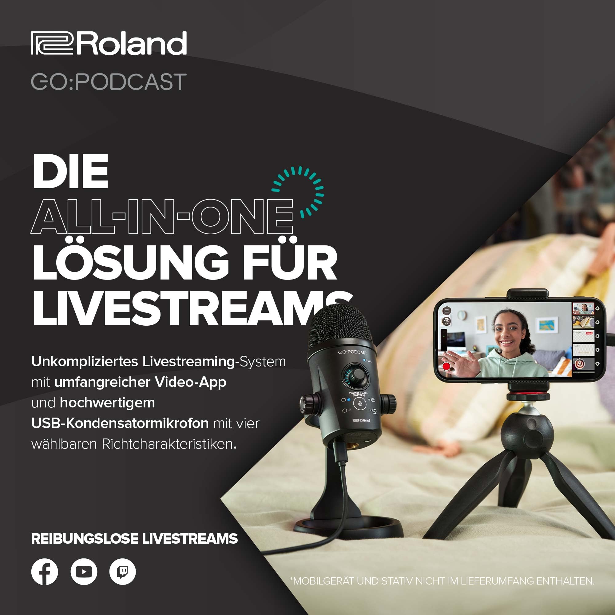 Roland GO:Podcast Video-Podcast-Studio für Smartphones | Einfaches Livestream-System für Podcaster, Vlogger & mehr | Intuitive Video-App | Hochwertiges USB-Mikrofon | Vier Richtcharakteristiken
