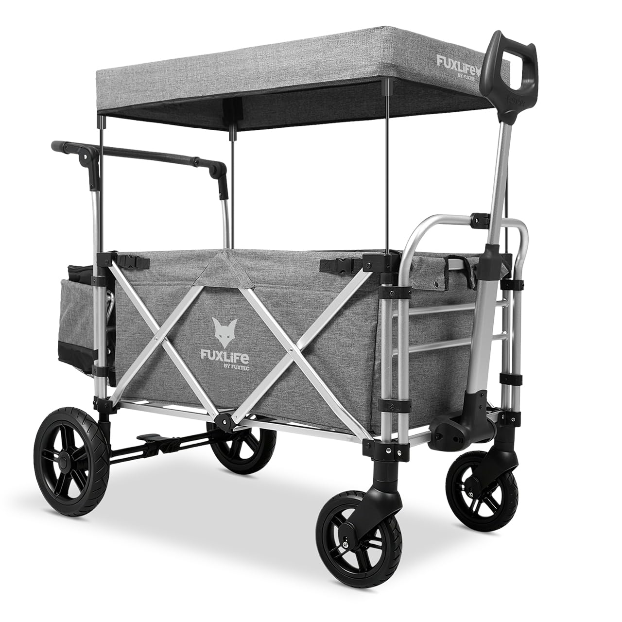 FUXLIFE Bollerwagen FX-CTL900 Premium Grau - Premium faltbar • Kinder Transportwagen mit Sonnendach • gepolsterter Innenraum & 5-Punkt-Gurte • gefederte Räder • klappbarer Handwagen mit Kühltasche