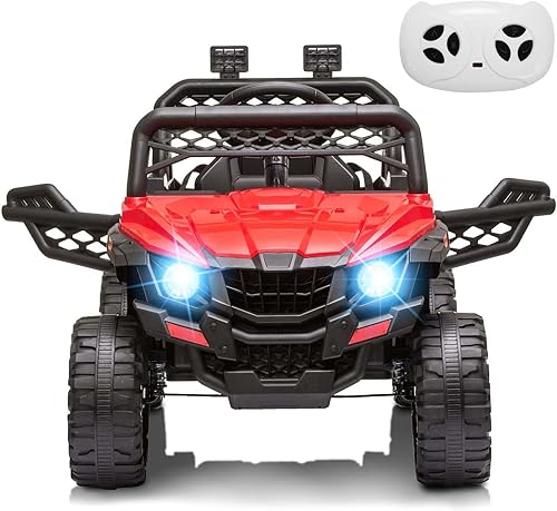 Camión infantil de 12 V con control remoto para padres, suspensión de resorte, luces LED, puertas abiertas, cinturón de seguridad, puerto auxiliar,