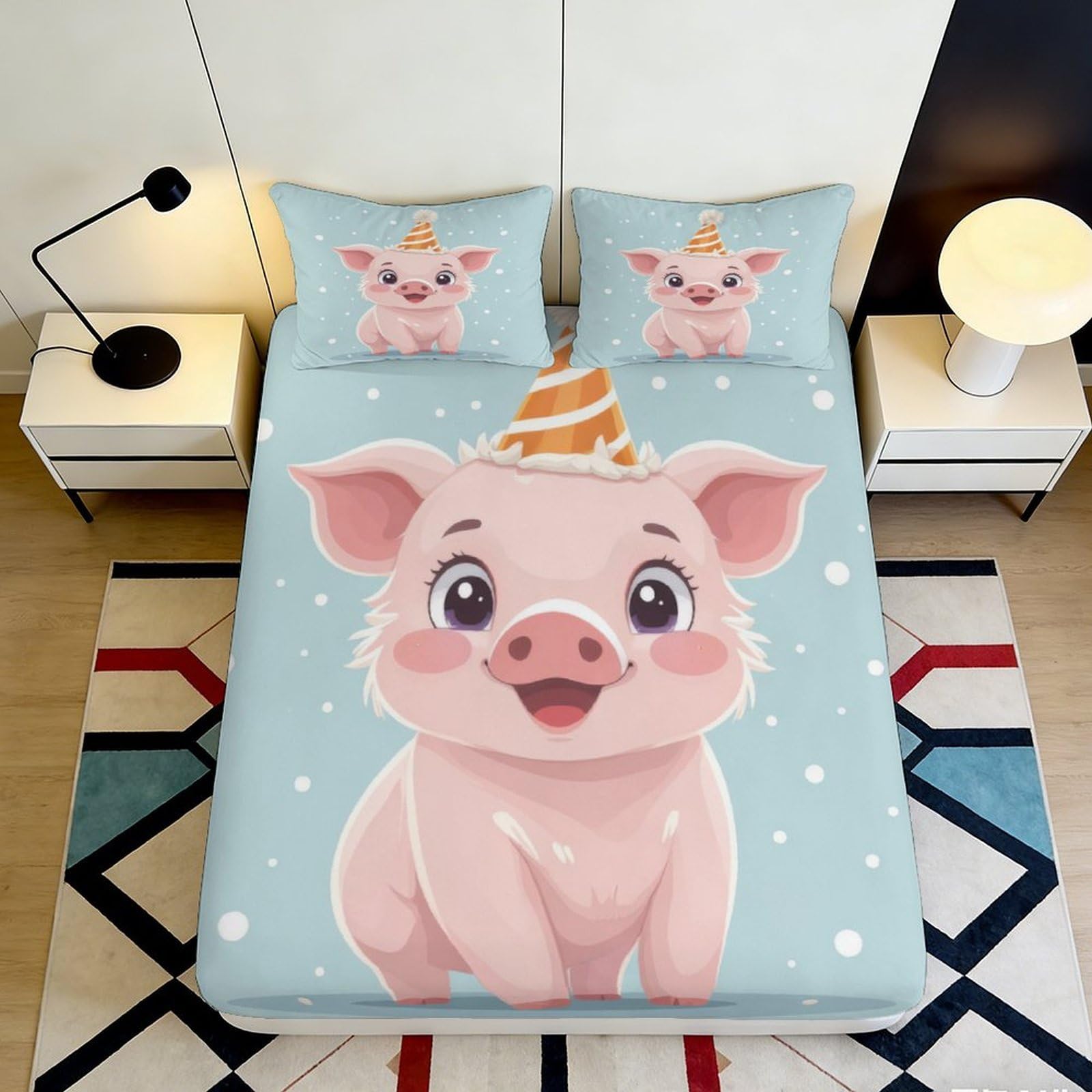 3D Printed Cartoon Pig Fitted Sheet Microfiber Soft Pastel Blue Party Animal Bed Cover for Bedroom Guestroom Decor 90x200x25cm
